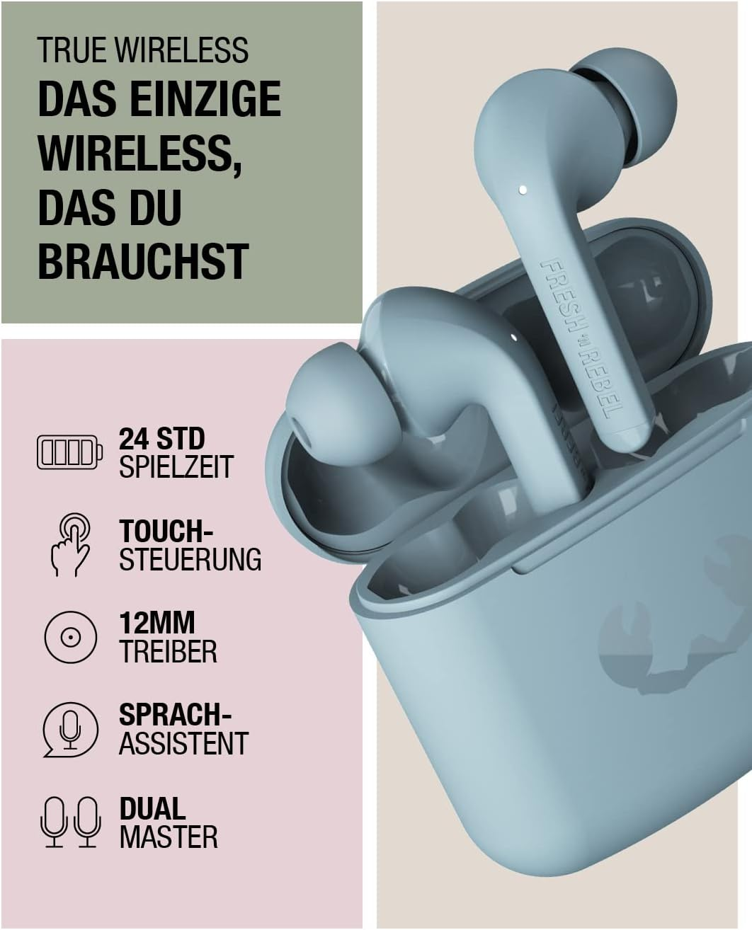 Fresh 'N Rebel True Wireless Earbuds with 24 Hours Playtime, Touch Control and Voice Assistant (Twins 1 Tip, Smokey Pink) image number 4