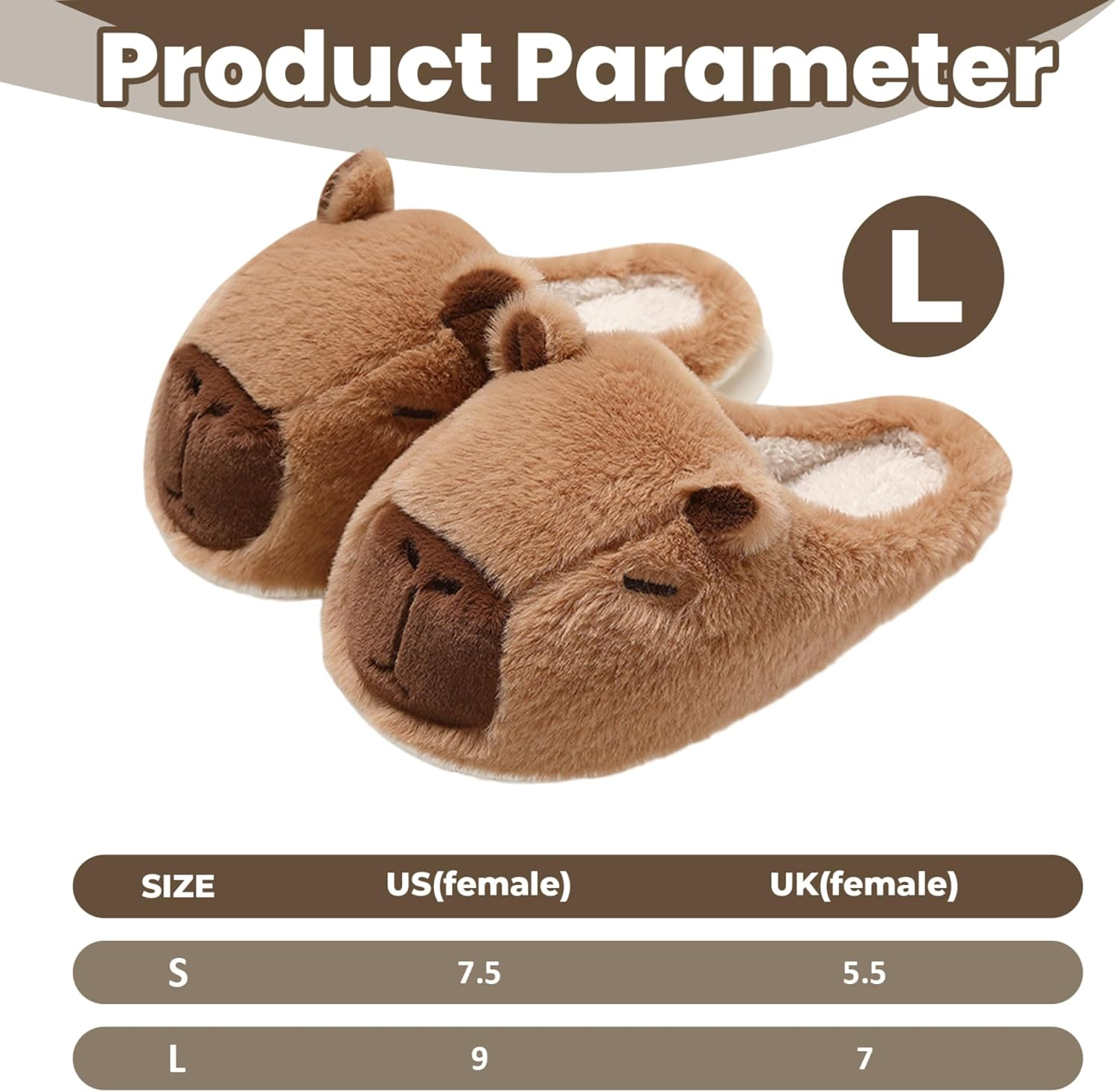 Capybara Slippers Warm Winter Fluffy Plush Slippers with Anti-Slip Soles for Women Men, L