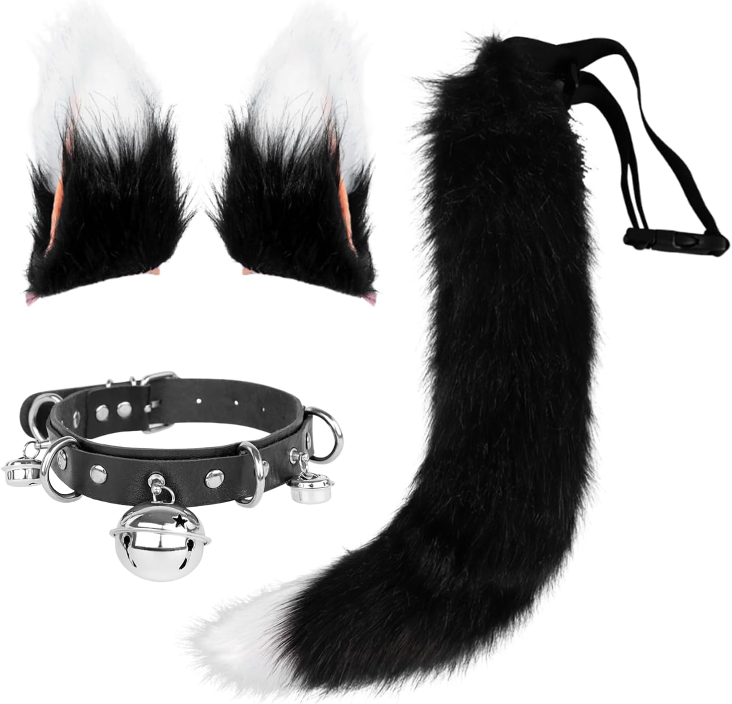 Handmade Cat Ears and Wolf Fox Animal Tail Cosplay Costume Faux Fur Hair Clip Headdress Halloween Leather Neck Chocker Set