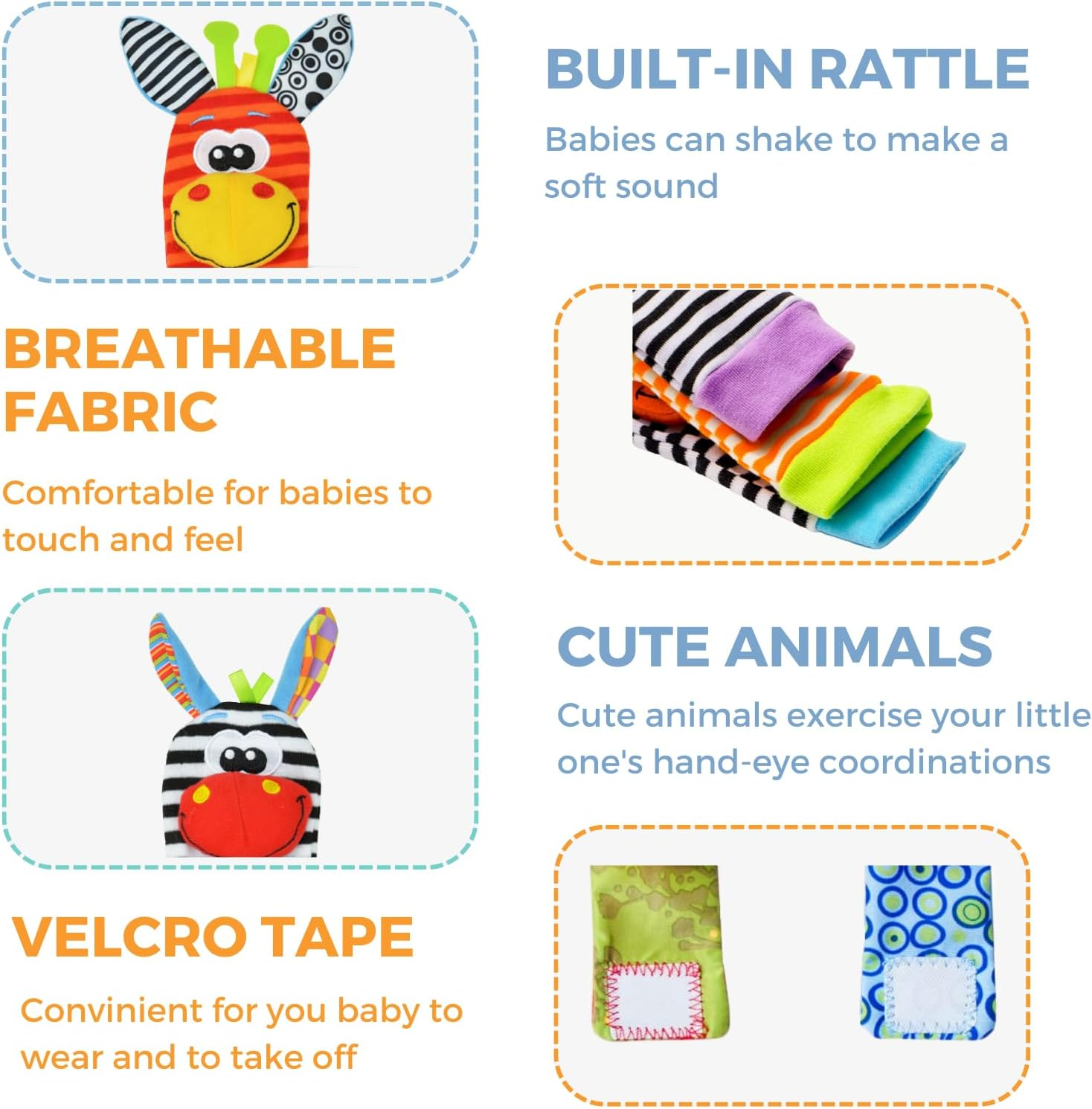 Baby Wrist Rattle Foot Finder Socks 4Pcs,Newborn Sensory Learning Toys for 0-3-6-12 Months, JOMWEN Cartoon Animal Rattles Tummy Time Toy Gift for Baby Boy Girl, Hand Bracelet Rattle Foot Socks image number 2