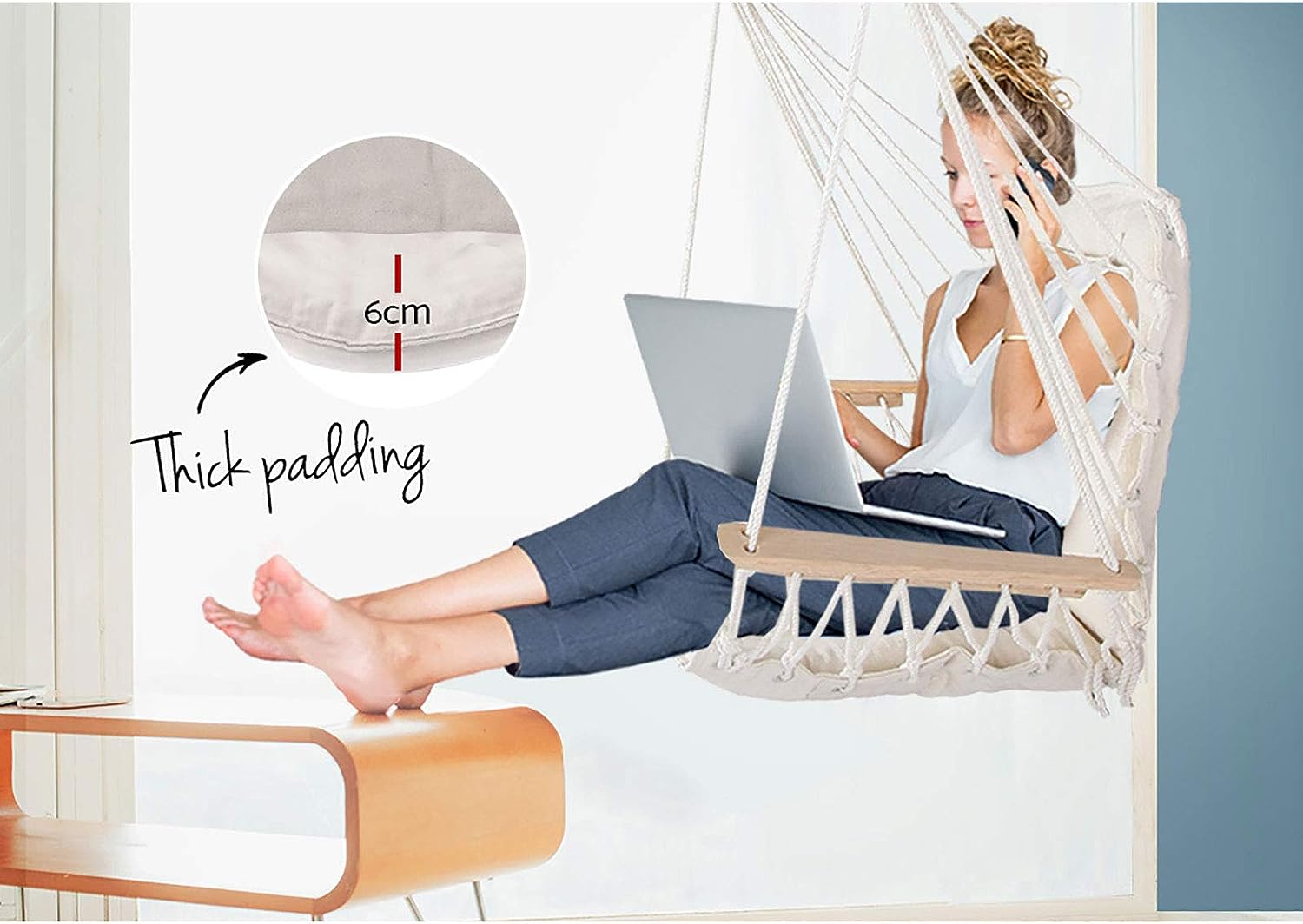 Gardeon Hammock, Cotton Chair Portable Camping Swing Hanging Chairs Hammocks Patio Backyard Porch Outdoor Indoor Furniture, with Solid Timber Armrest 120Kg Capacity Cream image number 3