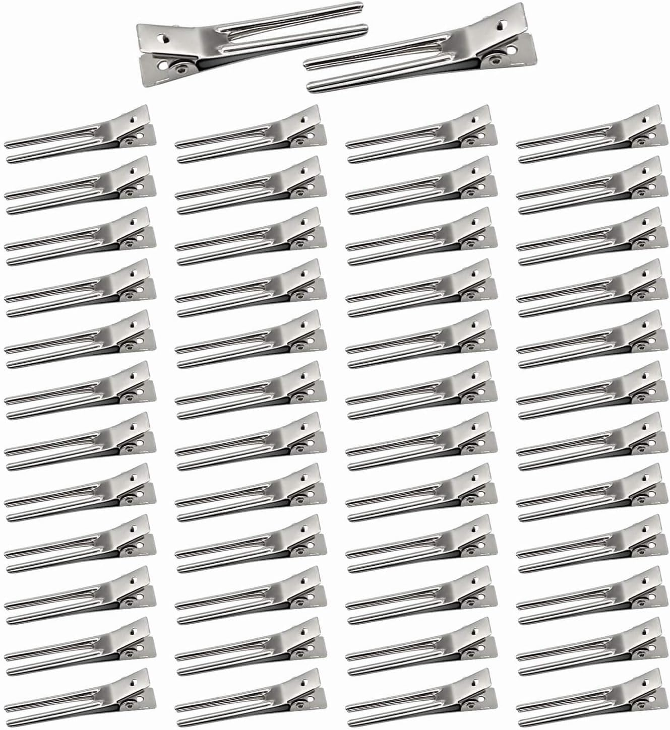 50Pcs Double Prong Curl Clips 1.8 Inch Silver Metal Hair Clips for Styling, Pin Curl Duck Bill Alligator Clips for Hair Sectioning and Salon Use, Haheihei
