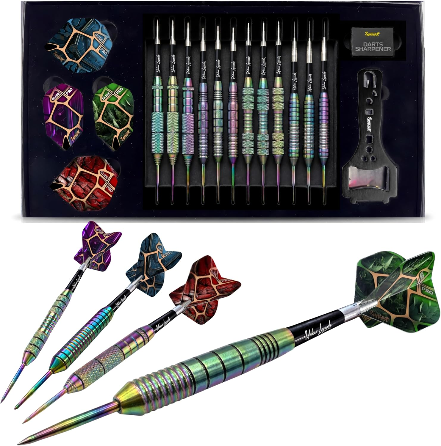Ignatgames Premium Steel Tip Darts &ndash; 3/6/12 Pack Brass Barrels with Aluminum Shafts, 16 Glidexpro Flight Set, Tool Kit & Giftable Case - Vegas Lights