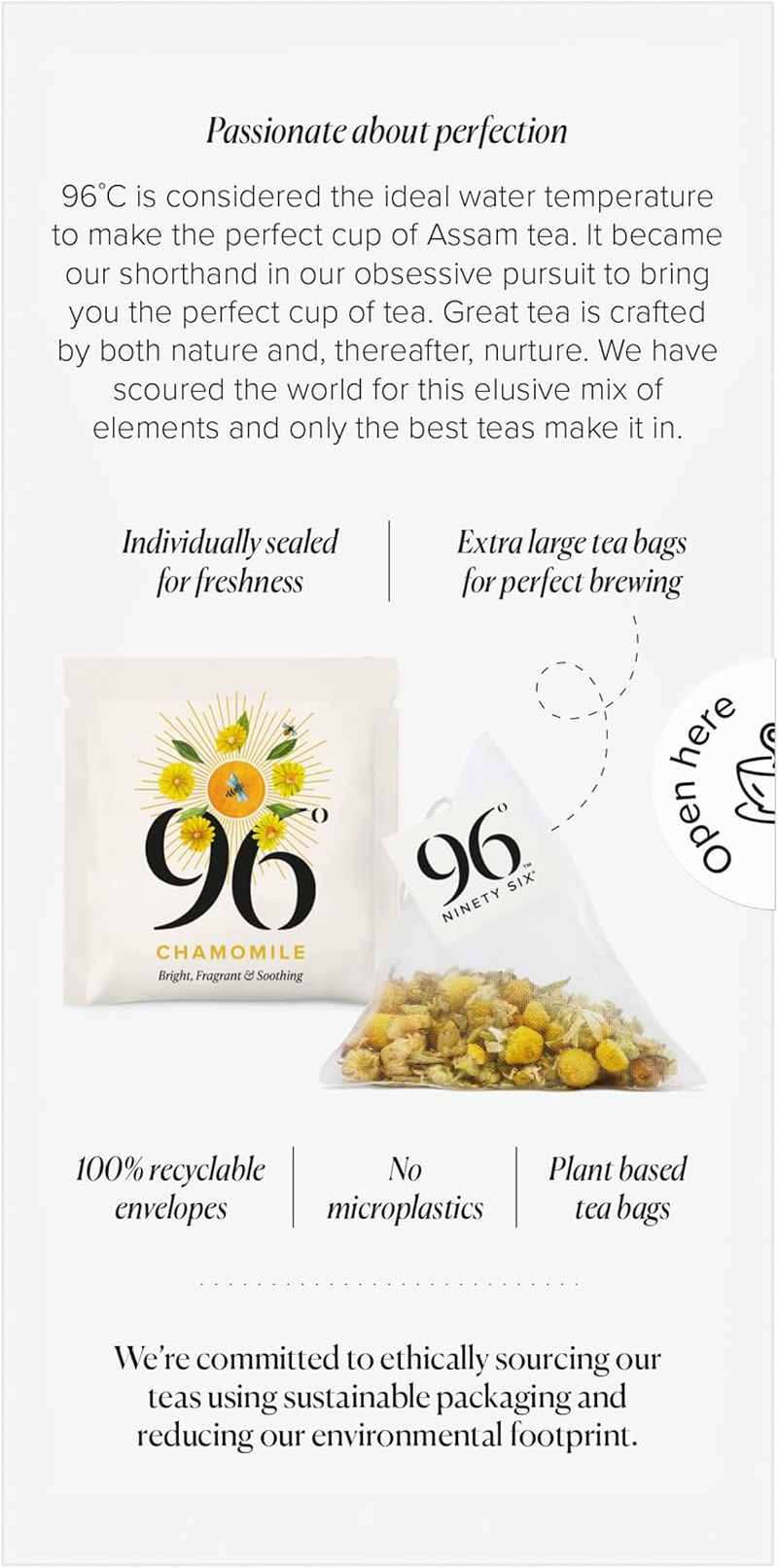 96&deg; Chamomile Tea - 20 Pyramid Tea Bags, Individually Wrapped, Floral, Sweet and Relaxing, Biodegradable Plant-Based Bags image number 5