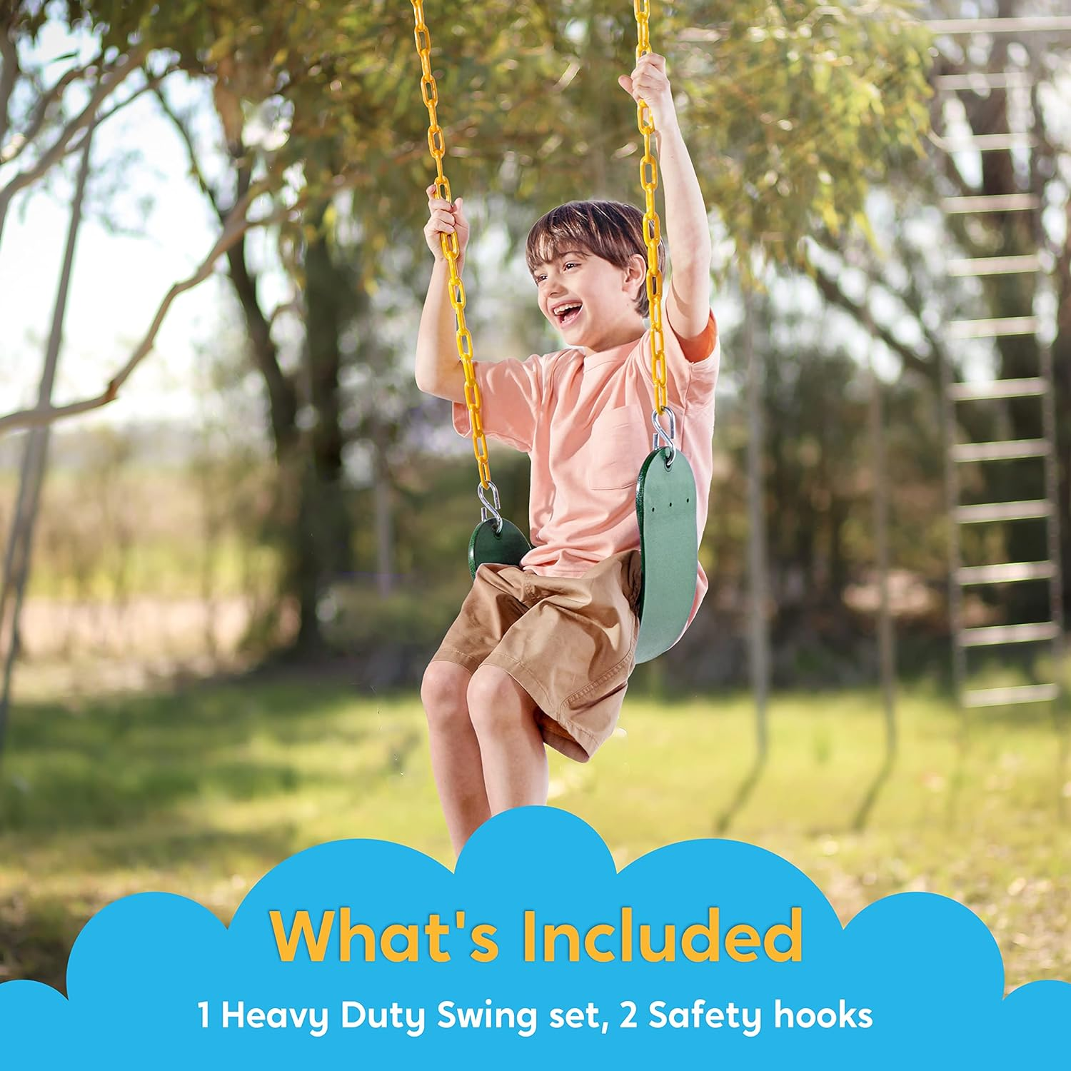 Heavy Duty Swing Seat Green Color with 66&rdquo; Chain, Swing Set Accessories Replacement with Snap Hooks for Kids Outdoor Play Playground, Trees, Swing Set, Playground