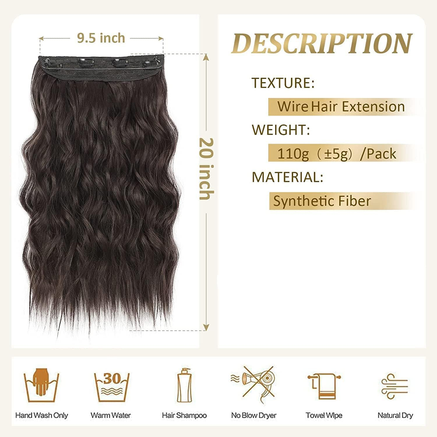 Long Wavy Hairpiece,20 Inch Dark Brown,Invisible Wire Hair Extensions with Transparent Wire Adjustable Size with 4 Secure Clips,Headband Hairpieces for Women,Girls