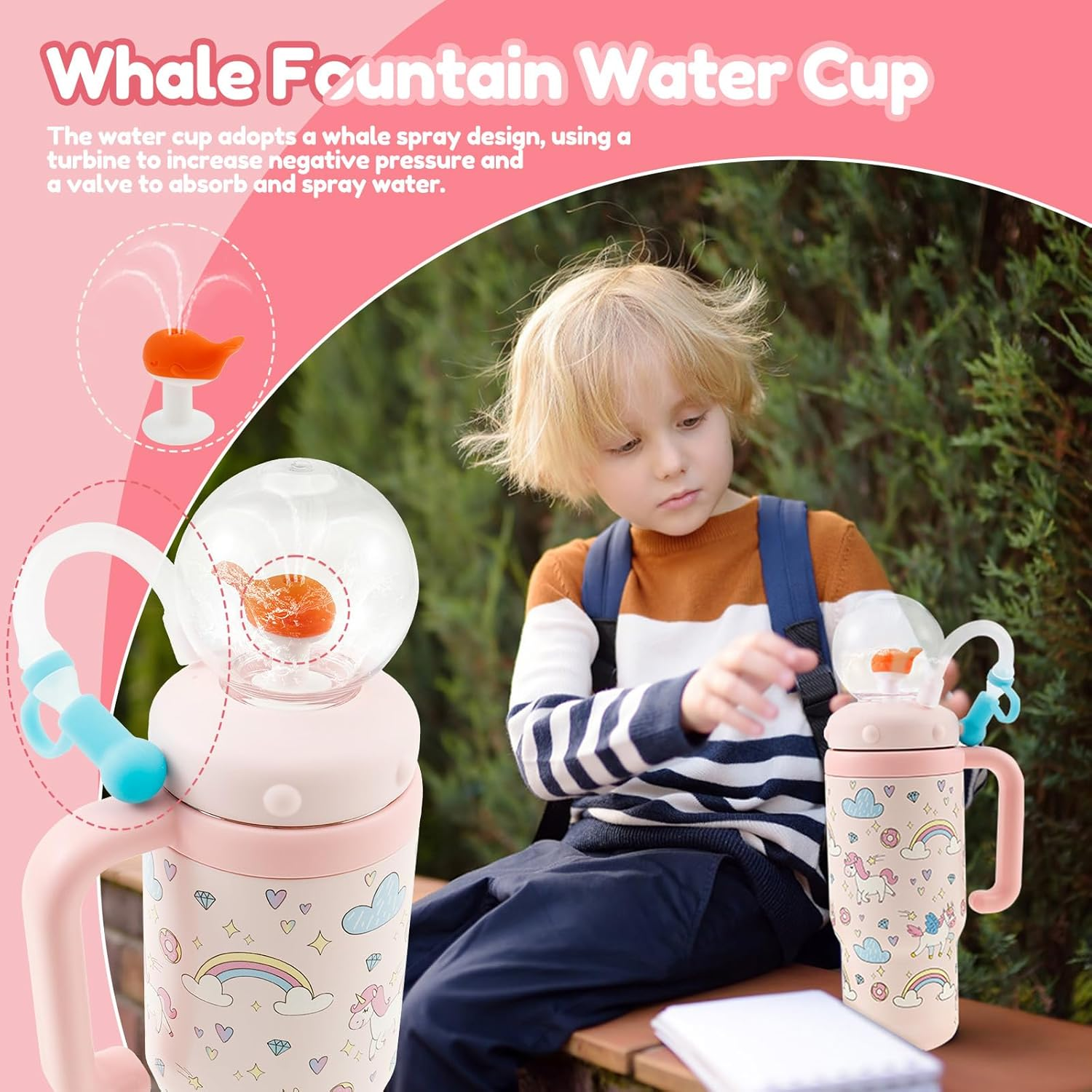 Hnvdkln 24Oz Stainless Steel Whale Fountain Tumbler, Whale Squirt Insulated Travel Tumblers with Lids and Straws, Leakproof Drinking Cup Cute for Kids Teens Adults (Pink) image number 5
