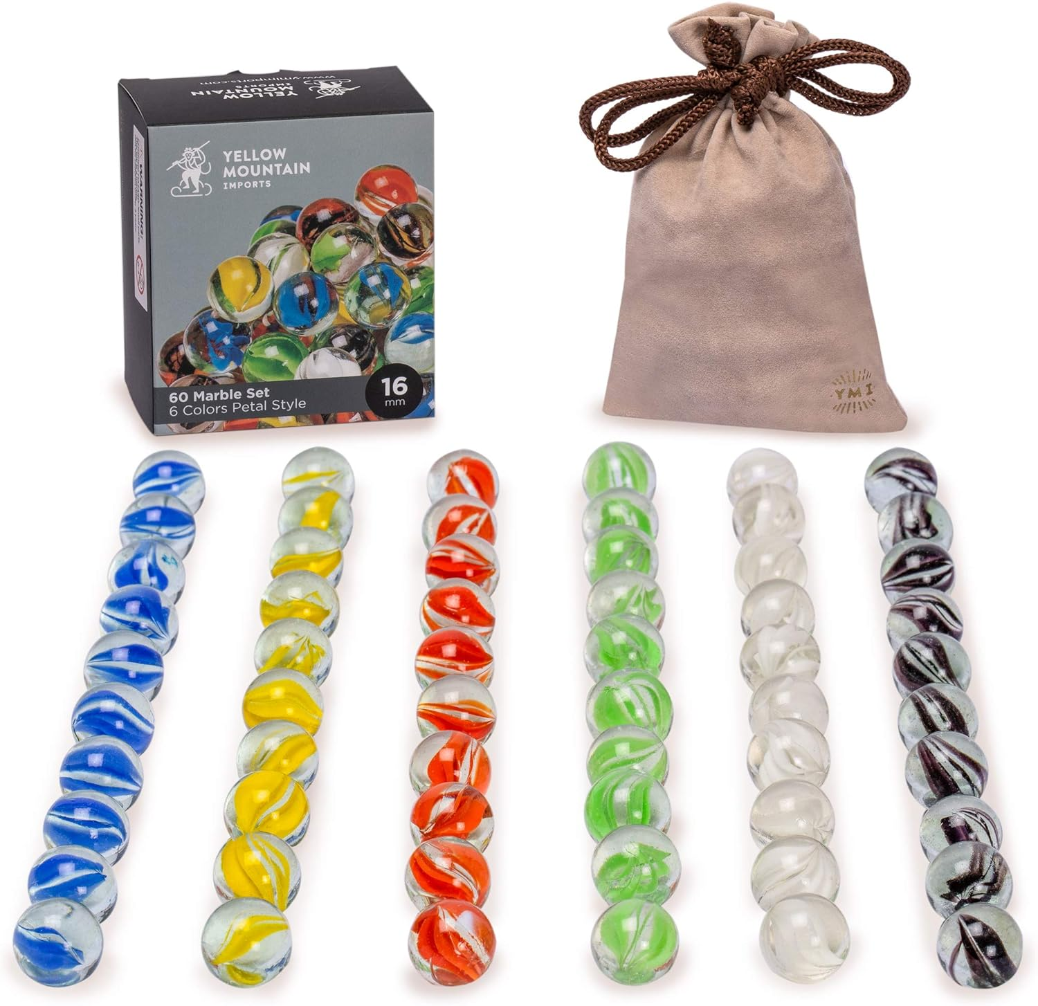 Yellow Mountain Imports 60 Pieces Translucent Chinese Checkers Glass Marbles with Petal Design - 14 Millimeters