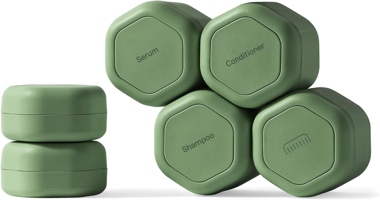 Cadence Travel Containers - 2 Piece Haircare Set - Magnetic Travel Capsules - for Shampoo, Conditioner, Hair Styling Product - 1 Small & 1 Medium Capsule - Shampoo & Conditioner Labels - Eucalyptus