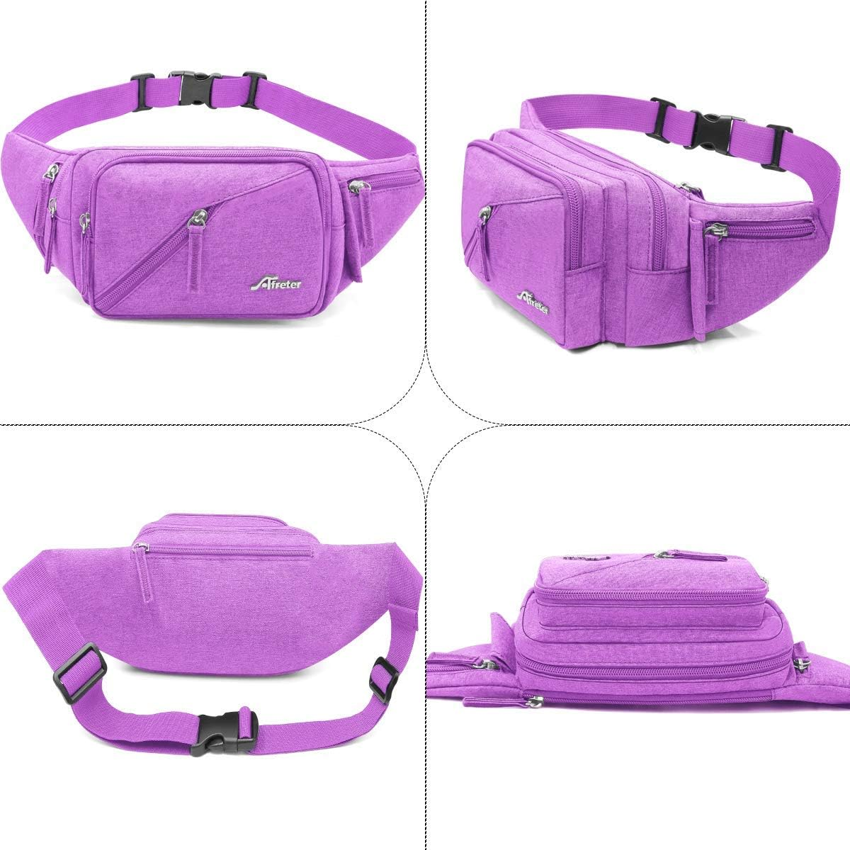 Afreter Fanny Pack Waterproof Waist Bag Pack Men Women Hip Bum Bag with Water Bottle Holder Adjustable Strap Suitable for Outdoors Workout Traveling Hiking Cycling Dog Walking Pouch Bag, Purple, - Black image number 6