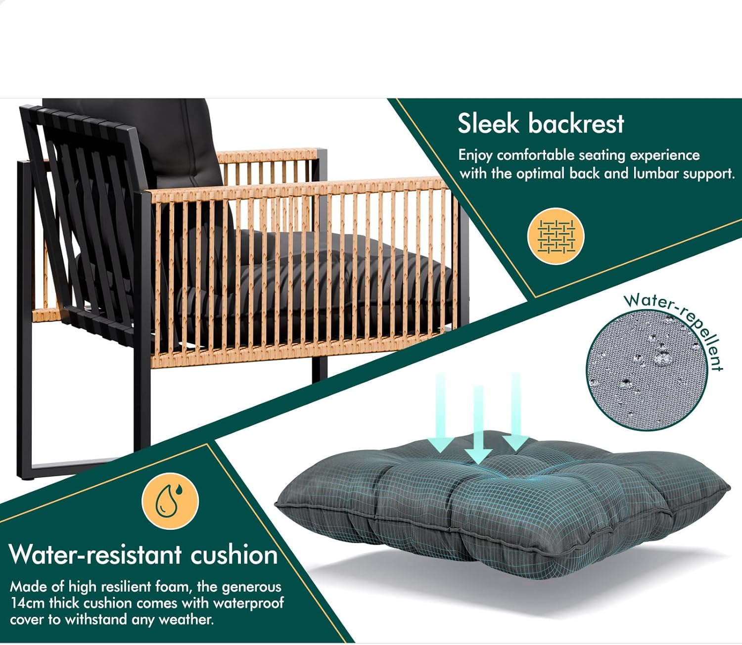 ALFORDSON 3 PCS Outdoor Patio Bistro Set, Lounge Chair & Side Table, Water-Resistant Cushions,Outdoor Table and Chair Set, 2X Armchairs and Semicircle Dia.70Cm, 64Cm(H) Coffee Table, Dark Grey image number 5