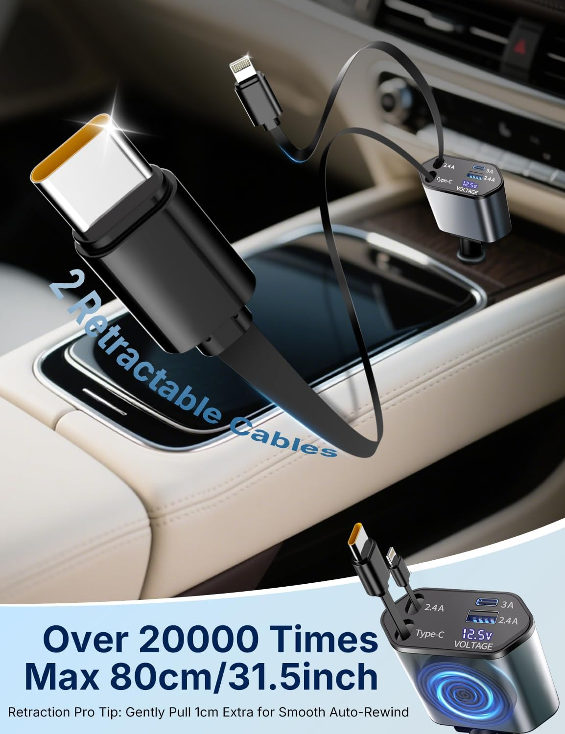 Retractable 120W USB-C Car Charger, 4 in 1 Cigarette Lighter Adapter W/Voltage Display, Type-C 100W + Lightning 20W Fast Charging, for Iphone 16 15 14 13 12/Ipad/Android, DC12/24V Vehicles image number 3