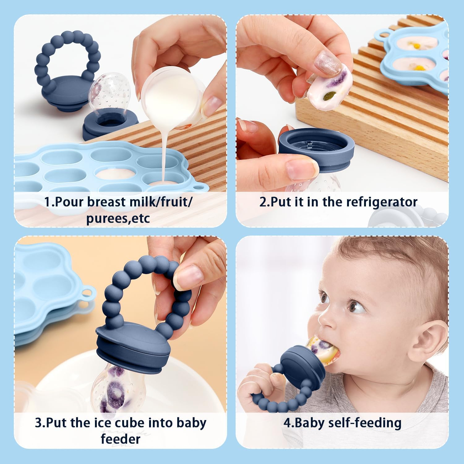 Baby Silicone Fruit Food Feeder Pacifier, 2 Pack Freezer Tray Set for Babies-Breastmilk Storage Container and Freezer Tray-Teething Popsicle Molds for Soothing Relief image number 4