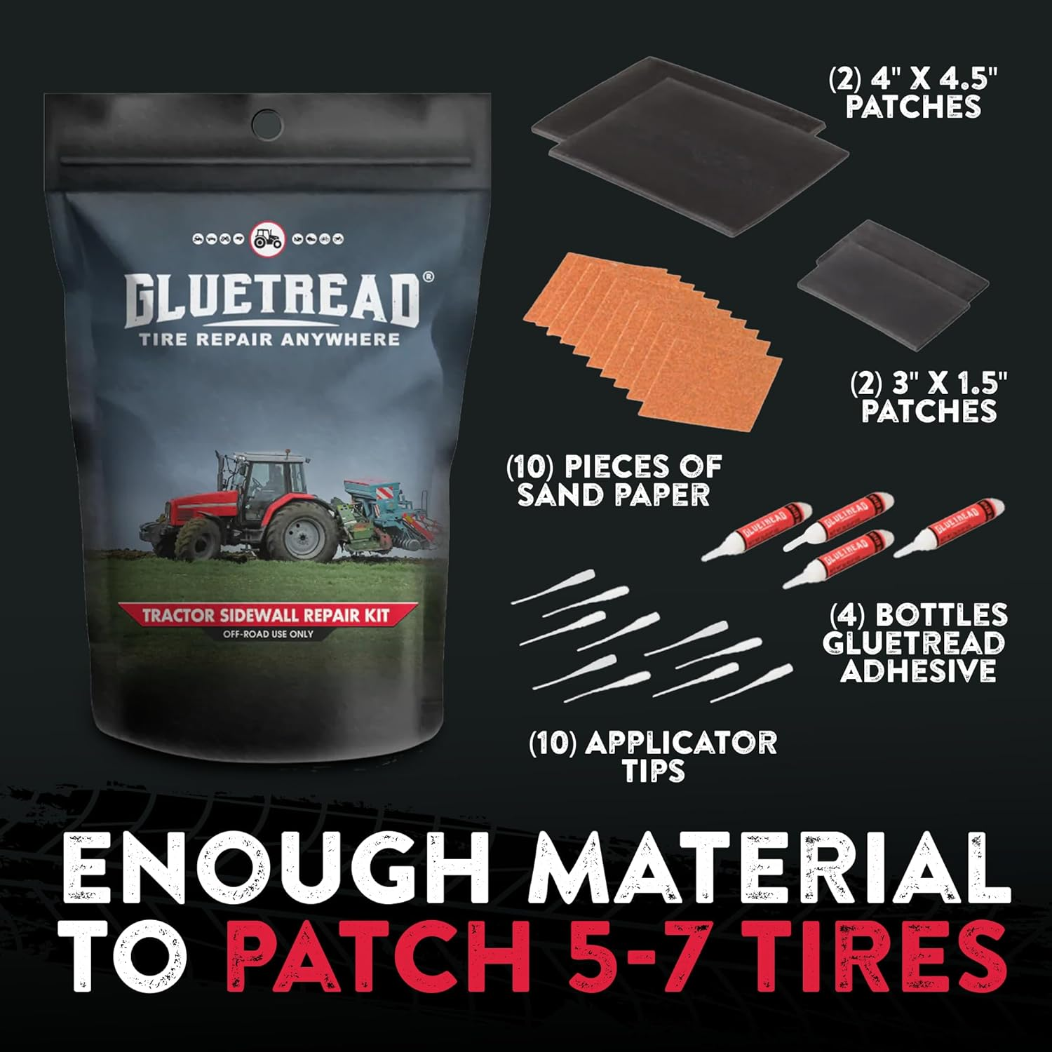 GLUETREAD MORE TREAD MORE TRACTION Gluetread Tractor Sidewall Tire Repair Kit | Off-Road Puncture Anywhere No Need to Remove Enough Material Patch 5-7 Tires for Tractors, Trailers and Mowers