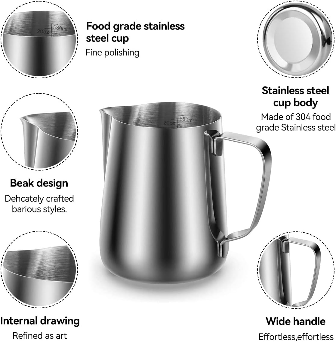 Metal Milk Frothing Jug 20Oz/600Ml Milk Frothing Pitcher with Decorating Art Pen Stainless Steel Steaming Measurements inside for Espresso Machine Coffee Foam Making Cappuccino Latte image number 2