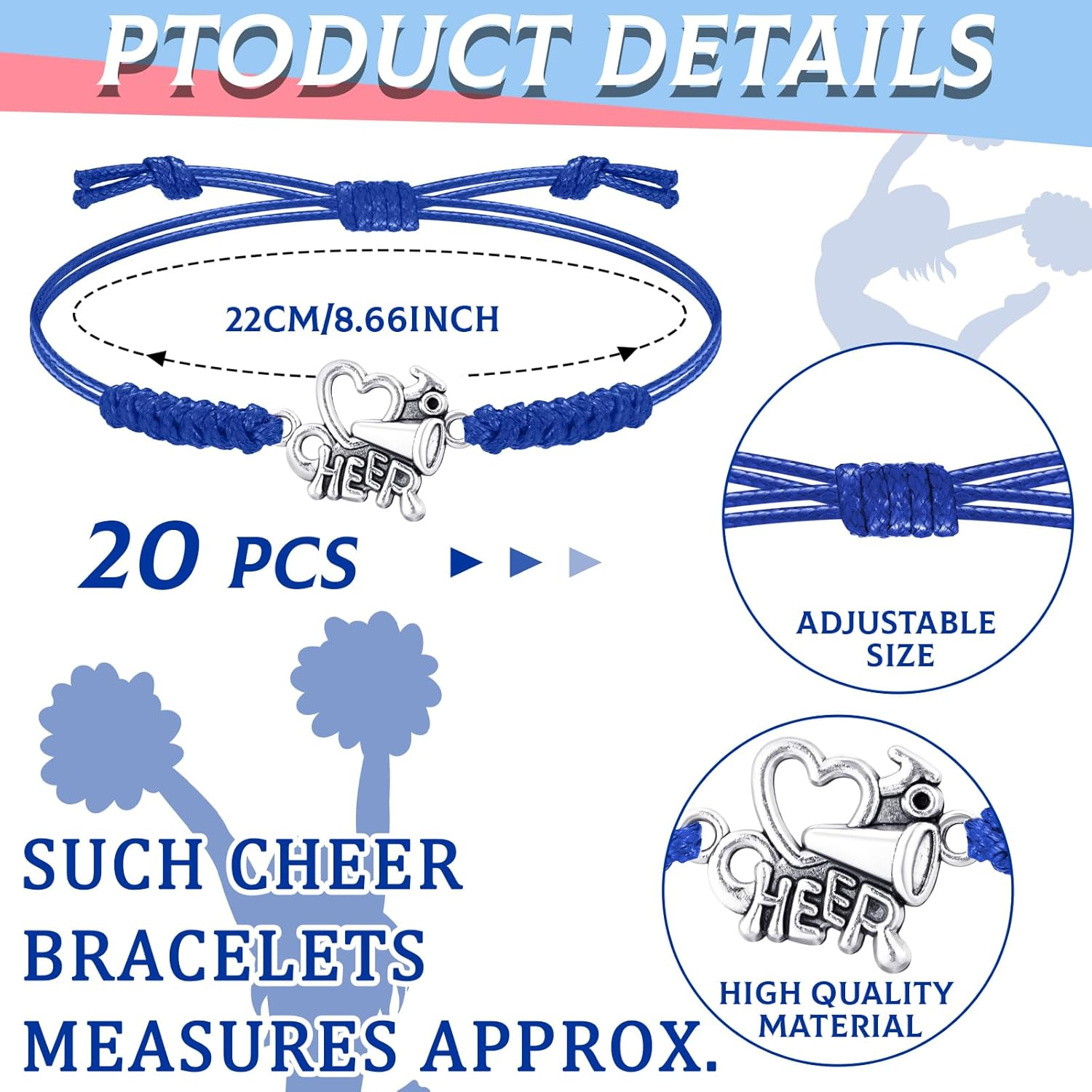 Rtteri 20 Pcs Cheerleader Gifts Cheer Bracelet Girls Cheerleading Charm Bracelet Adjustable Cheerleader Gifts for Cheer Team Cheerleading Jewelry Accessories Bulk - Blue Cheer image number 5