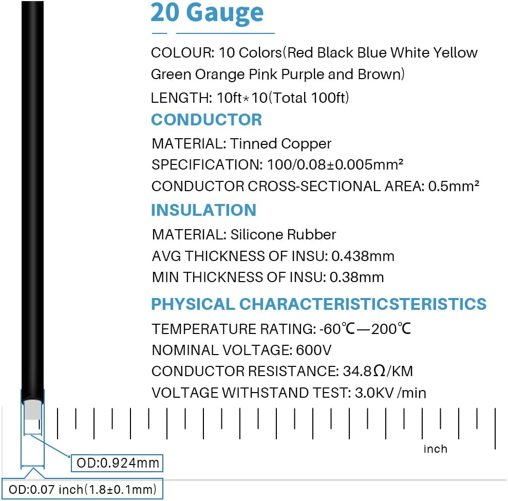 BNTECHGO 20 Gauge Silicone Wire Kit Ultra Flexible 10 Color High Resistant 200 Deg C 600V Silicone Rubber Insulation 20 AWG Silicone Wire 100 Strands of Tinned Copper Wire Stranded Wire Model image number 3