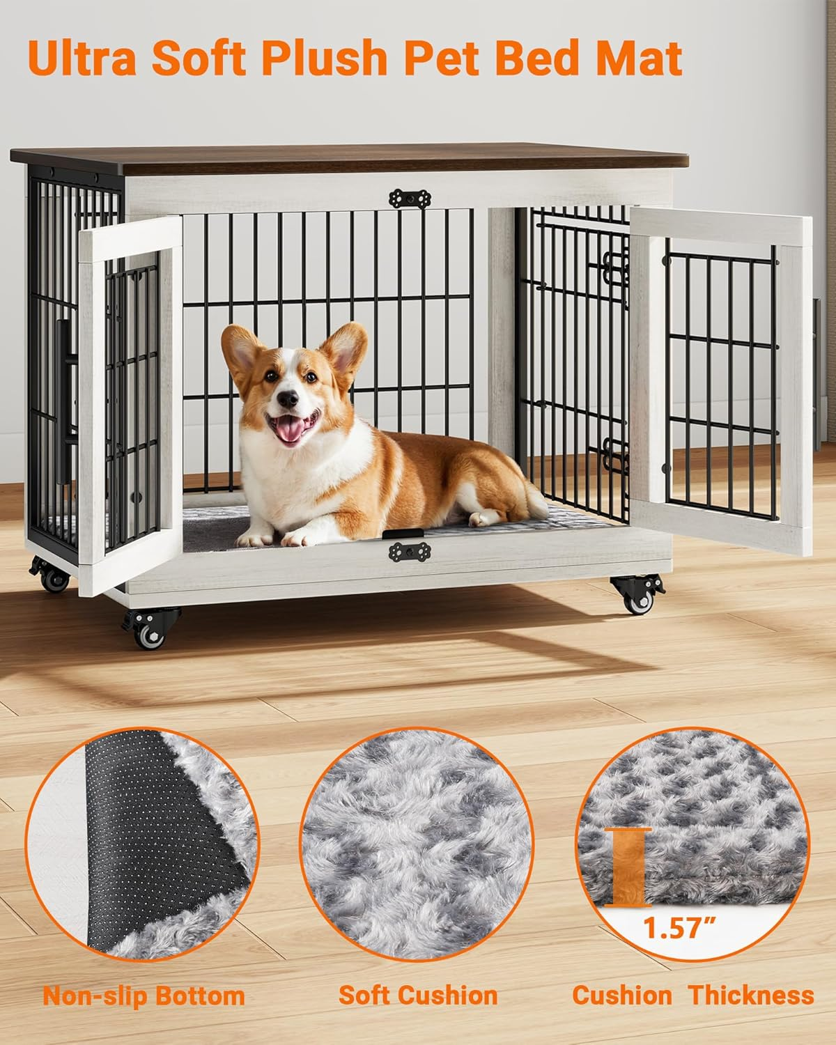 Yafiti Dog Crate Furniture with Cushion, Wooden Dog Kennel Indoor with Double Doors, Dog Cage with Wheels, Dog House Side End Table for Small Medium Dogs up to 45 Lb, 32.5" L, White image number 4