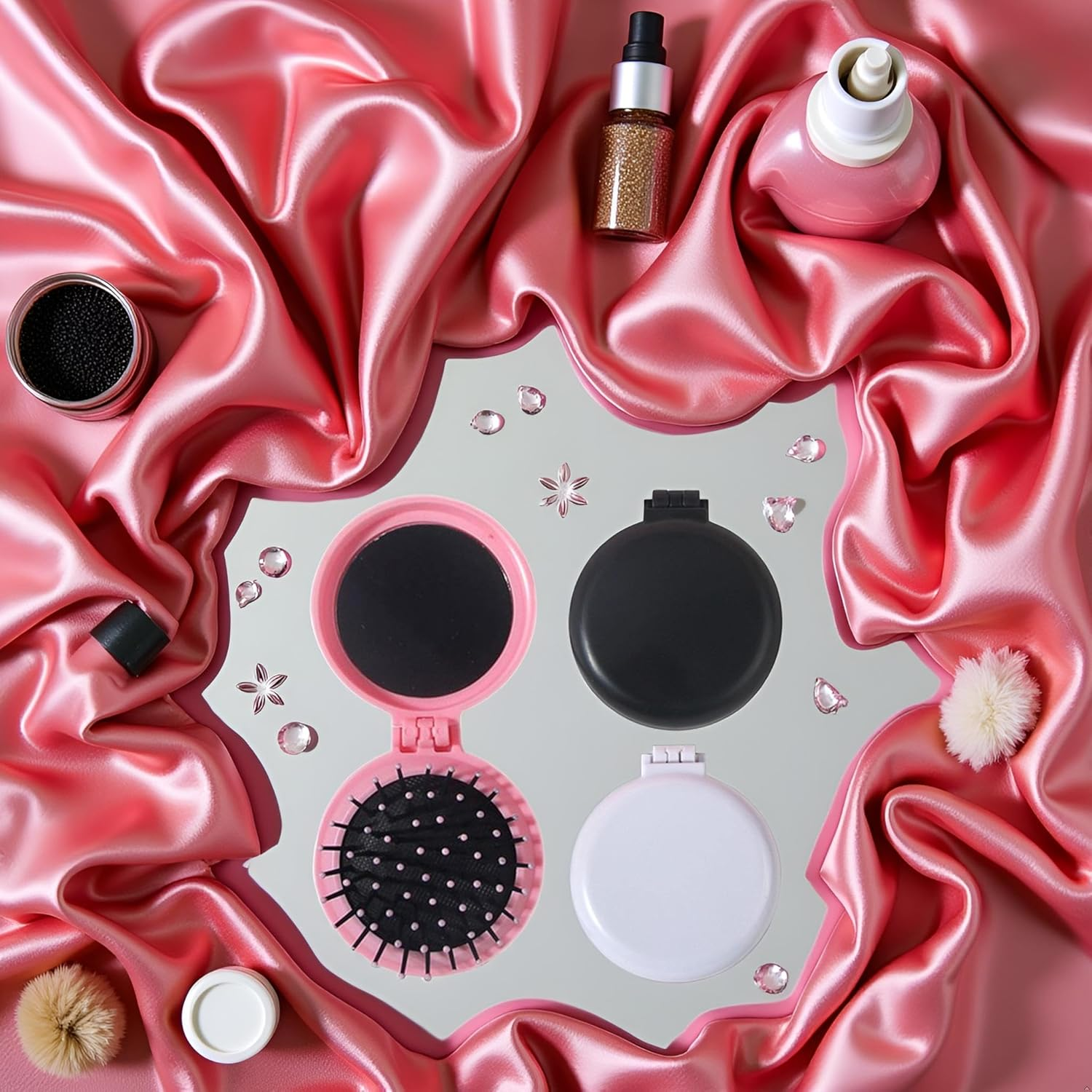 2Pcs Black and Pink Folding Travel Hair Brush with Mirror, round Portable Folding Pocket Hair Brush Mini Hair Massage Compact Mirror with Comb Travel Size for Men Women Styling Tools and Appliances image number 5