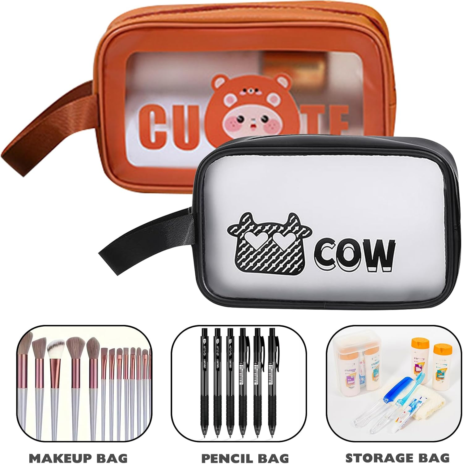 BSITSSS 2 PCS Clear Makeup Bags, Cute Cosmetic Bag with Zippers, Portable Waterproof Clear Toiletry Bags Small Make up Bag for Handbag Women Travelling and Holiday, Black&Coffee, Clear Makeup Bag image number 6