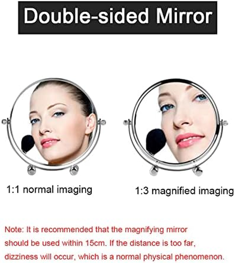 Double Sided Vanity Mirror Makeup Mirror Tabletop Mirror ，1X and 3X Magnifying Mirror Metal Frame round Free Standing Makeup Mirror for Bedroom Bathroom (White)