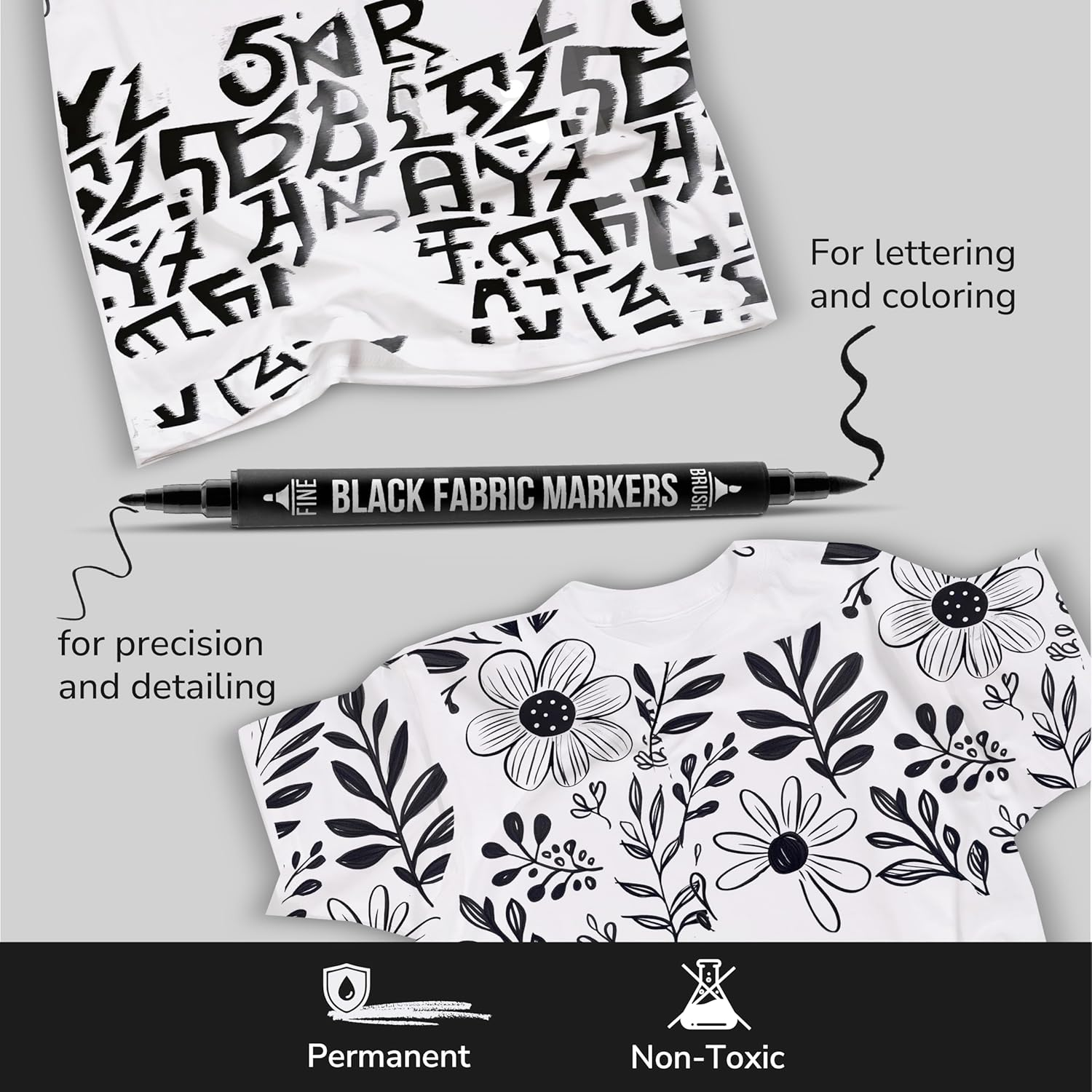 Zenacolor 5 Dual-Tip Black Fabric Markers Permanent for Clothes - Fabric Paint Pens for Personalizing Shirts Bags Hats Canvas and Textiles