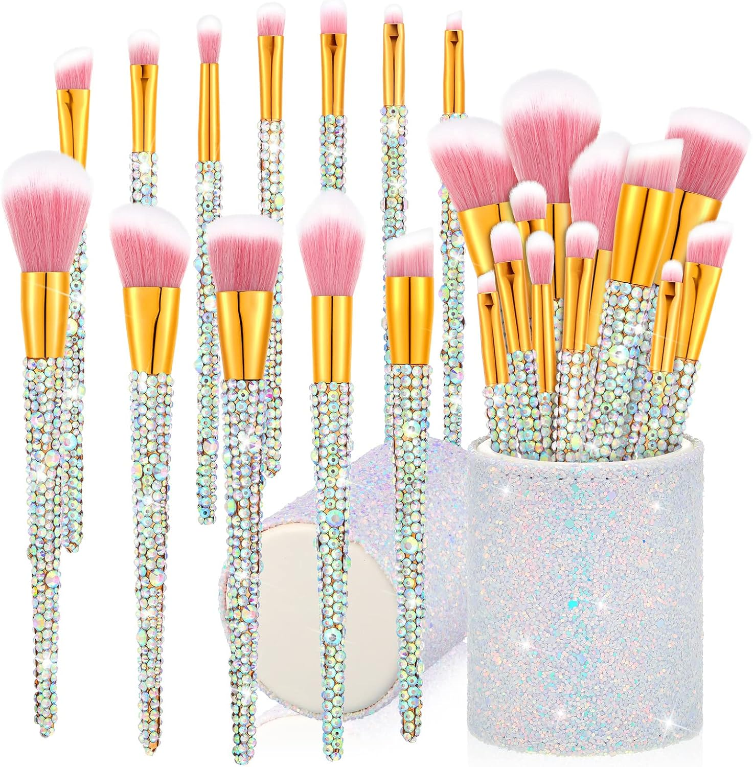 13 Pieces Rhinestone Makeup Brushes Set Bling Crystal Professional Face Cosmetics Blending Liquid Foundation Powder Concealer Eye Shadows Make up Beauty Tool Glitter with Holder (Silver) image number 5