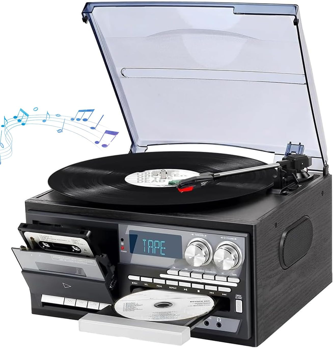 Vinyl Record Player, Cassette Tape Player with 3 Speed Bluetooth Vintage Turntable, Less Noise, Frosted Dust Cover, Built in Speakers, FM Radio, USB, CD Player Boombox, Music Centre image number 5
