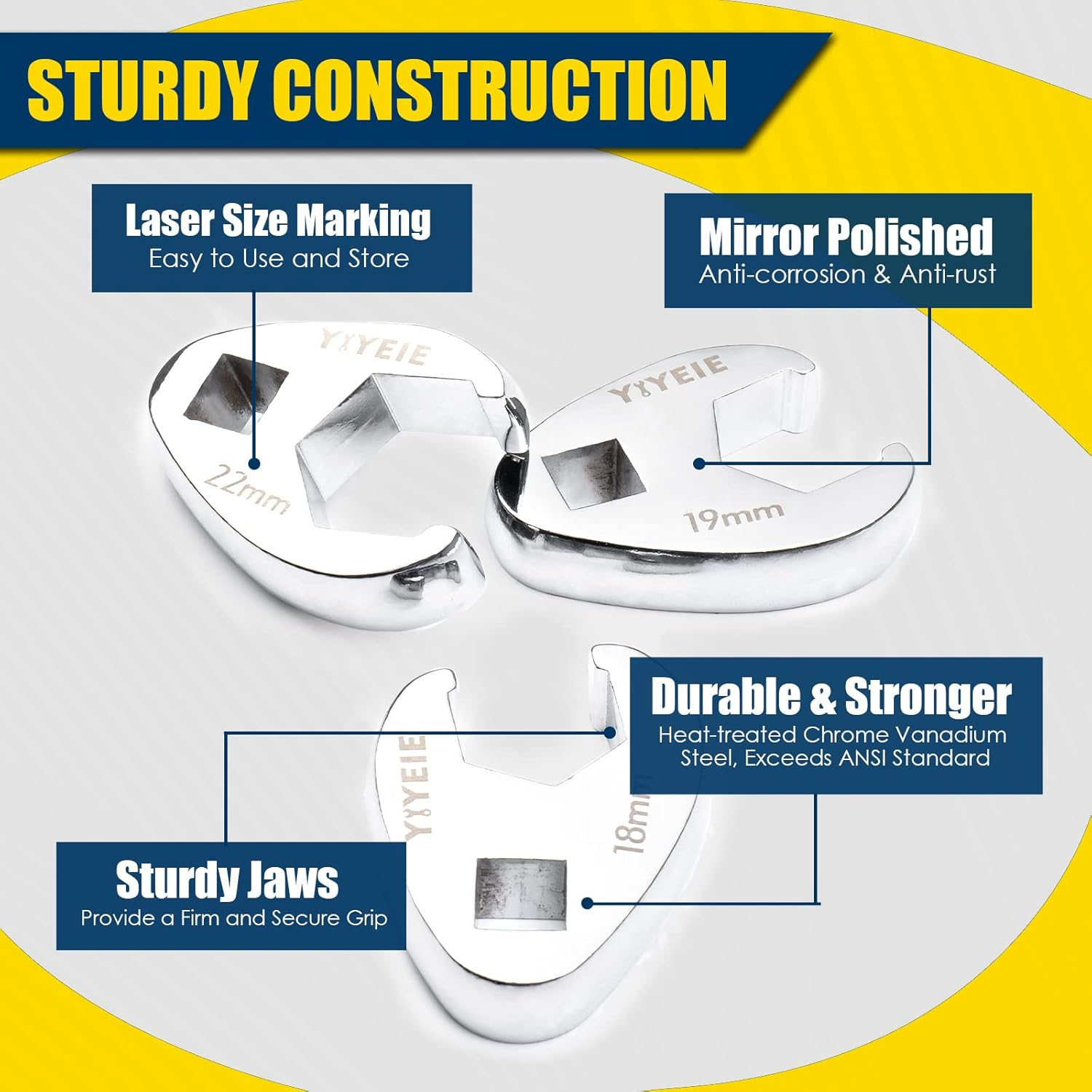 YIYEIE 3/8" Drive Crows Foot Wrench Set, 24PCS Flare Nut Crowfoot Wrench Set, Metric & SAE, 8-22Mm & 5/16"-7/8", CR-V Steel, Crows Feet Wrench Set with 2 Extension Bars, Line Wrench Set with EVA Foam image number 3