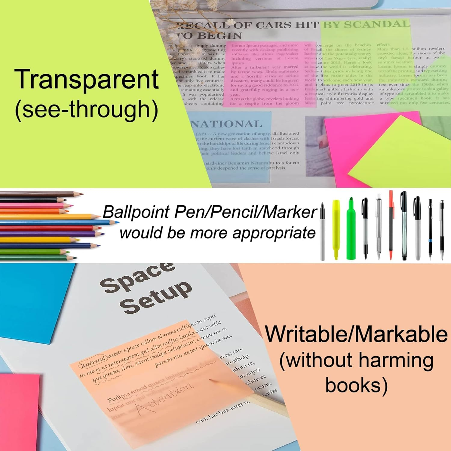 Masper 6 Pads/300 Sheets Transparent Sticky Notes in 6 Colours, 7.5Cm X 7.5Cm Clear Sticky Notes, Quality Waterproof Sticky Notes Memo Pads - Transparent image number 4