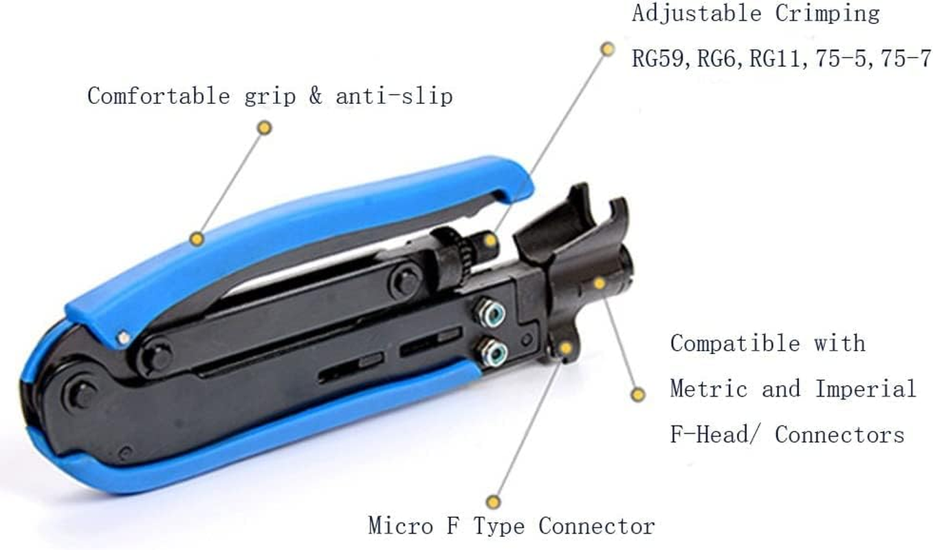 ZONADA F-Connector Crimper Stripper Cutter Set for Coax Coaxial Cable RG6 RG59 RG11 Hand Compression Crimping Cutting TV Cable Hand Tool 20X F Compression Connectors Included image number 2