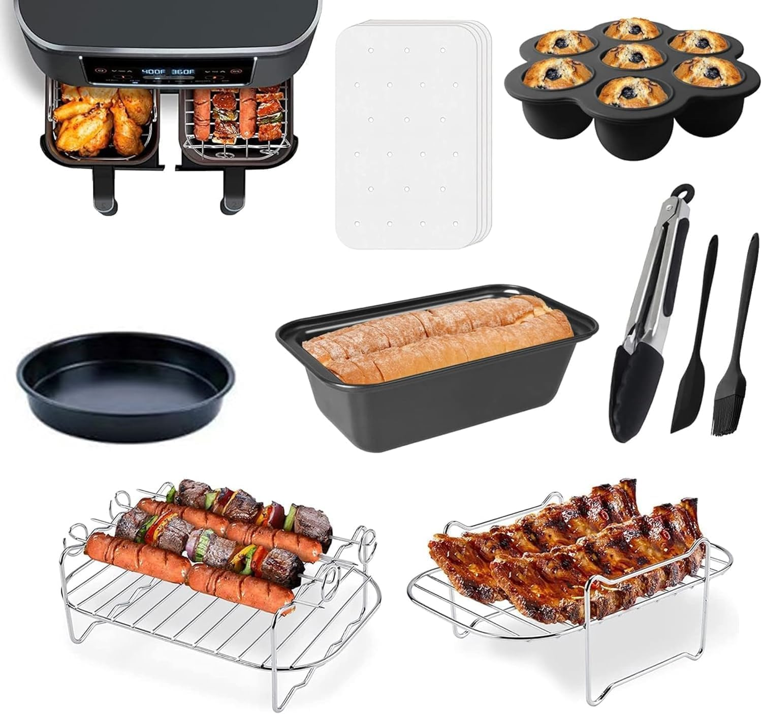 Air Fryer Accessories Set of 9,Dual Basket Fit for Ninja DZ201, DZ401 & Most 8 Qt - 10 Qt and Larger Zone Air Fryer, Include Cake Pizza Pan, Rack & Skewer, 100 Paper Liner (9) image number 6