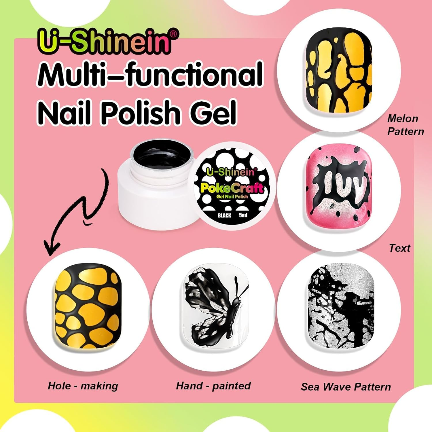 U-Shinein Multi-Functional White&Black Gel Nail Polish Set, with Base Coat&Orange Wood Nail Sticks Kit, Blooming Gel Spreading Magic Blossom Effect Pokecraft Gel Nail Polish Lace Patterns Manicure DIY - Whiteblackbase Coatwood Stick image number 5