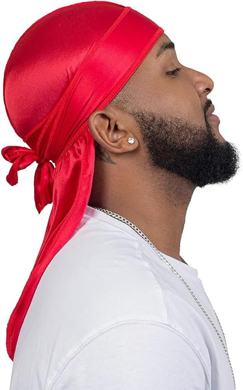 Quxyxso Silky Durag Caps Headwraps with Long Tail，4 Pack Unisex Satin Durags Wide Straps Headwraps for Men Women Pirate Caps Head Wrap Beanie Hats Waves Silky Durag Cap Black
