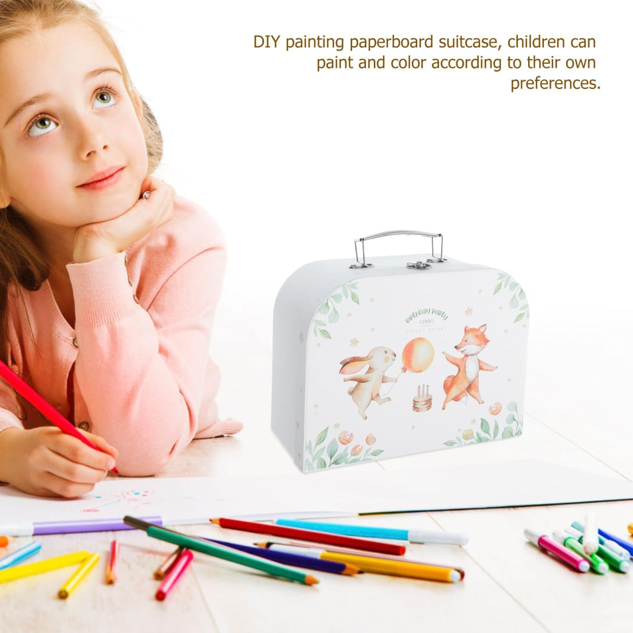 FRCOLOR Paperboard Suitcase Storage Box 9.8 Inch Kids Portable Toy Organizer DIY Craft Box for Birthday Party and Home Decoration image number 1