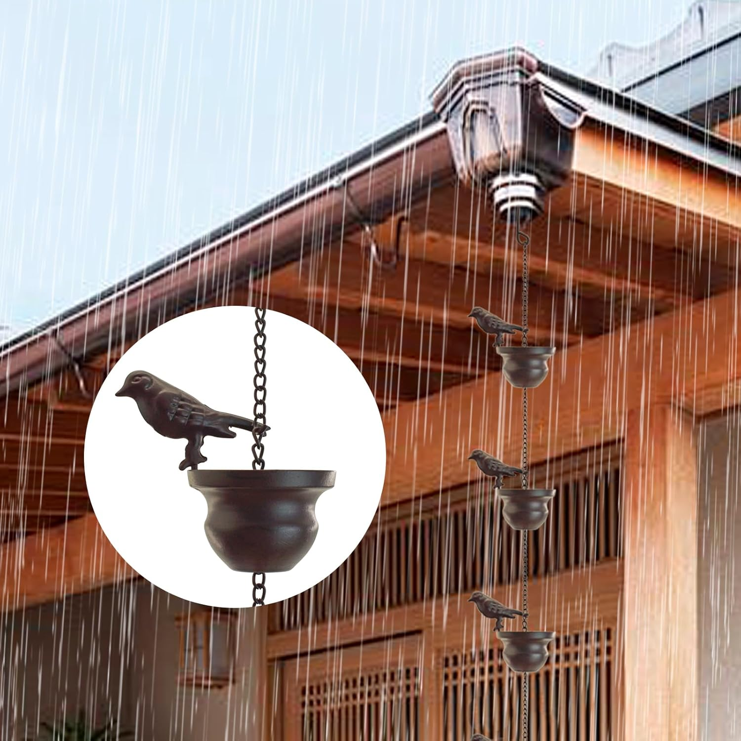 Mrmrkura Rain Chains for Gutters Birds Rain Chain Gutter Adapter Rain Chimes for Outside, Metal Rain Catcher Gutter Chain Downspout for Heavy Rain