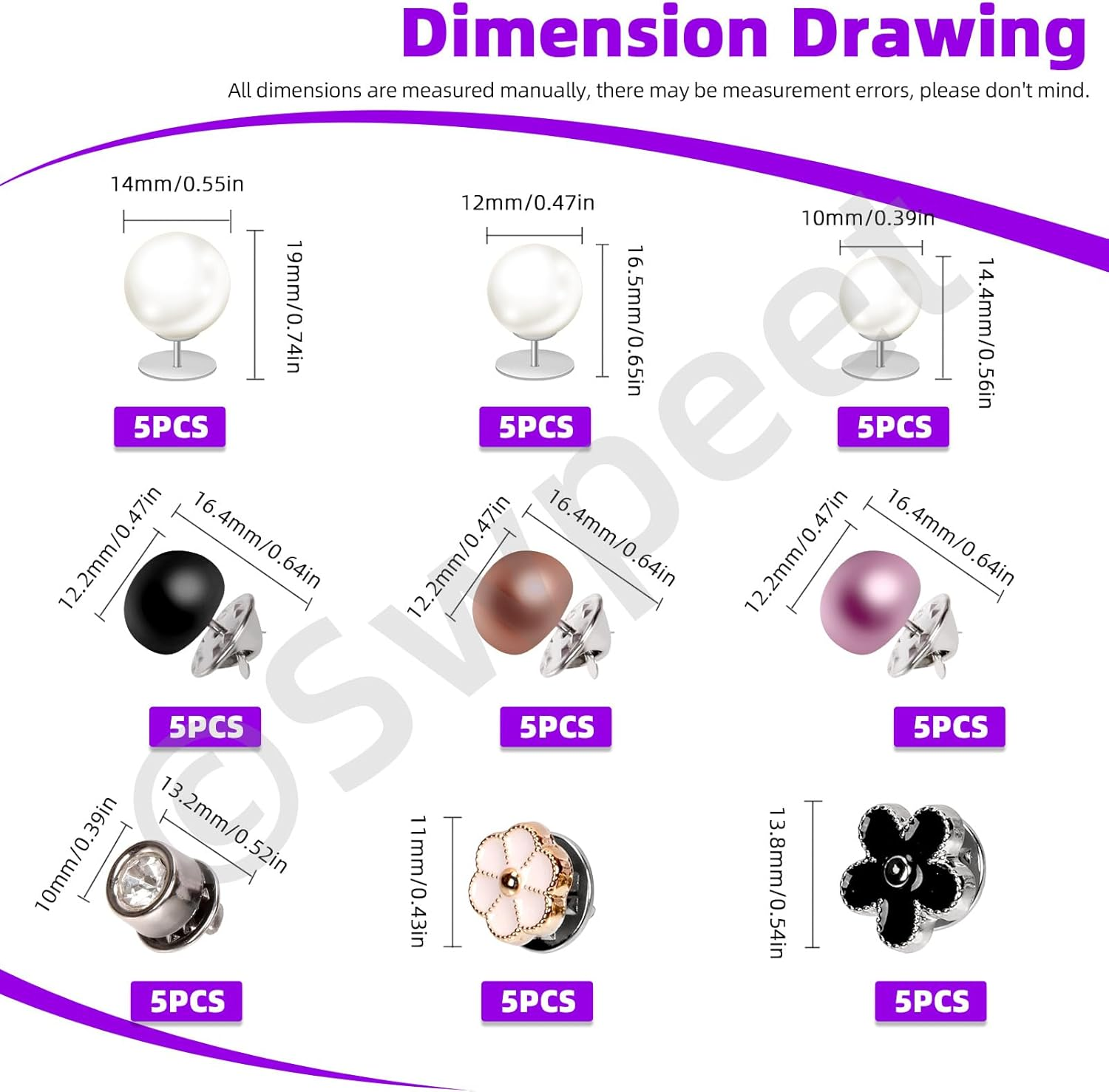 Swpeet 45Pcs 9 Styles No Sew Pearl Buttons Anti-Exposure Fixed Brooches Pearl Pins Women Shirt Brooch Buttons Cover up Button Pin Safety Brooch Buttons for Clothing Dress Sweater Shoes image number 6