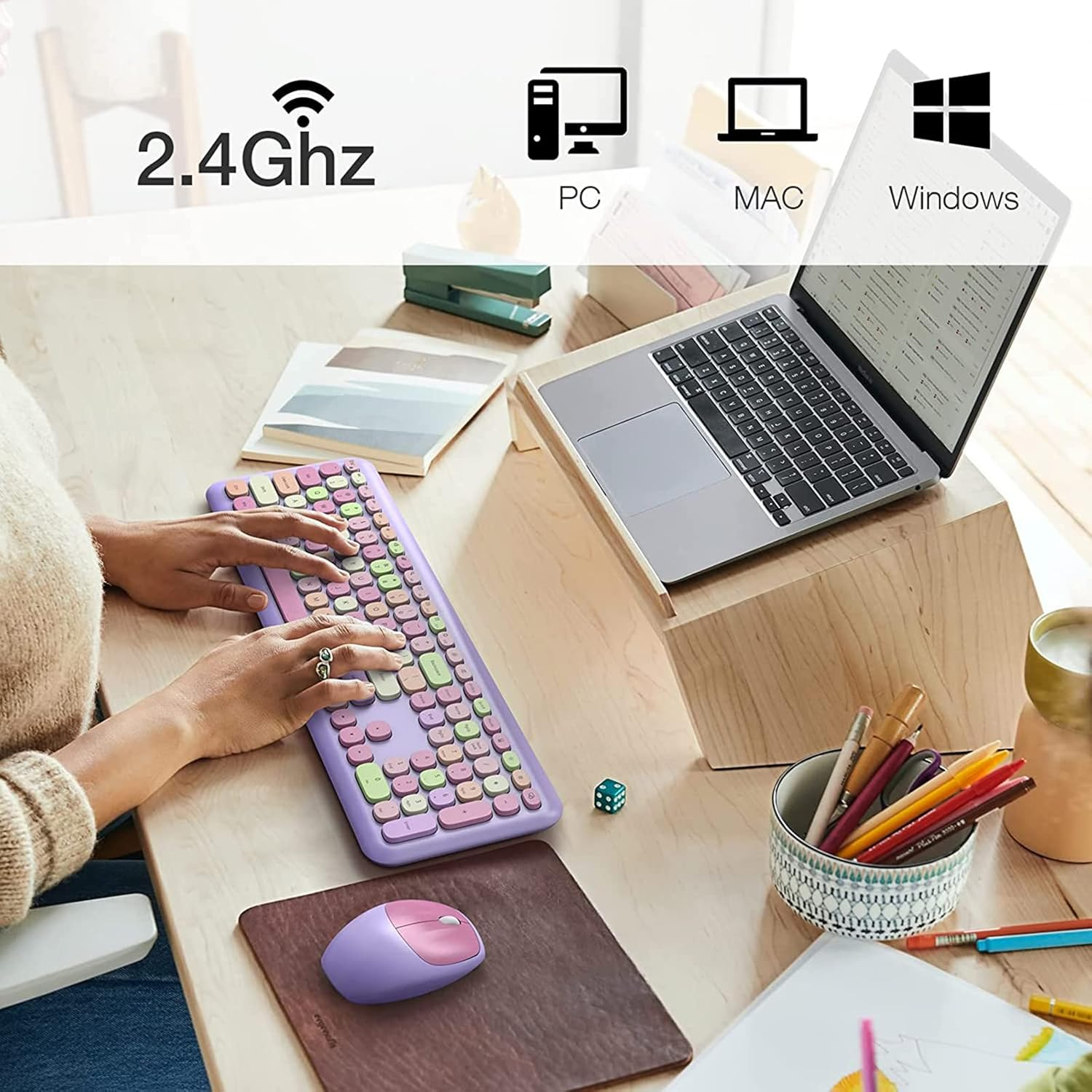 Youker Wireless Keyboard and Mouse Combo Retro Typewriter Keyboard 2.4Ghz USB Wireless Connection Colorful Keyboard with Stylish round Keys for Mac Windows 7/8/10/11 Laptop Desktop image number 4