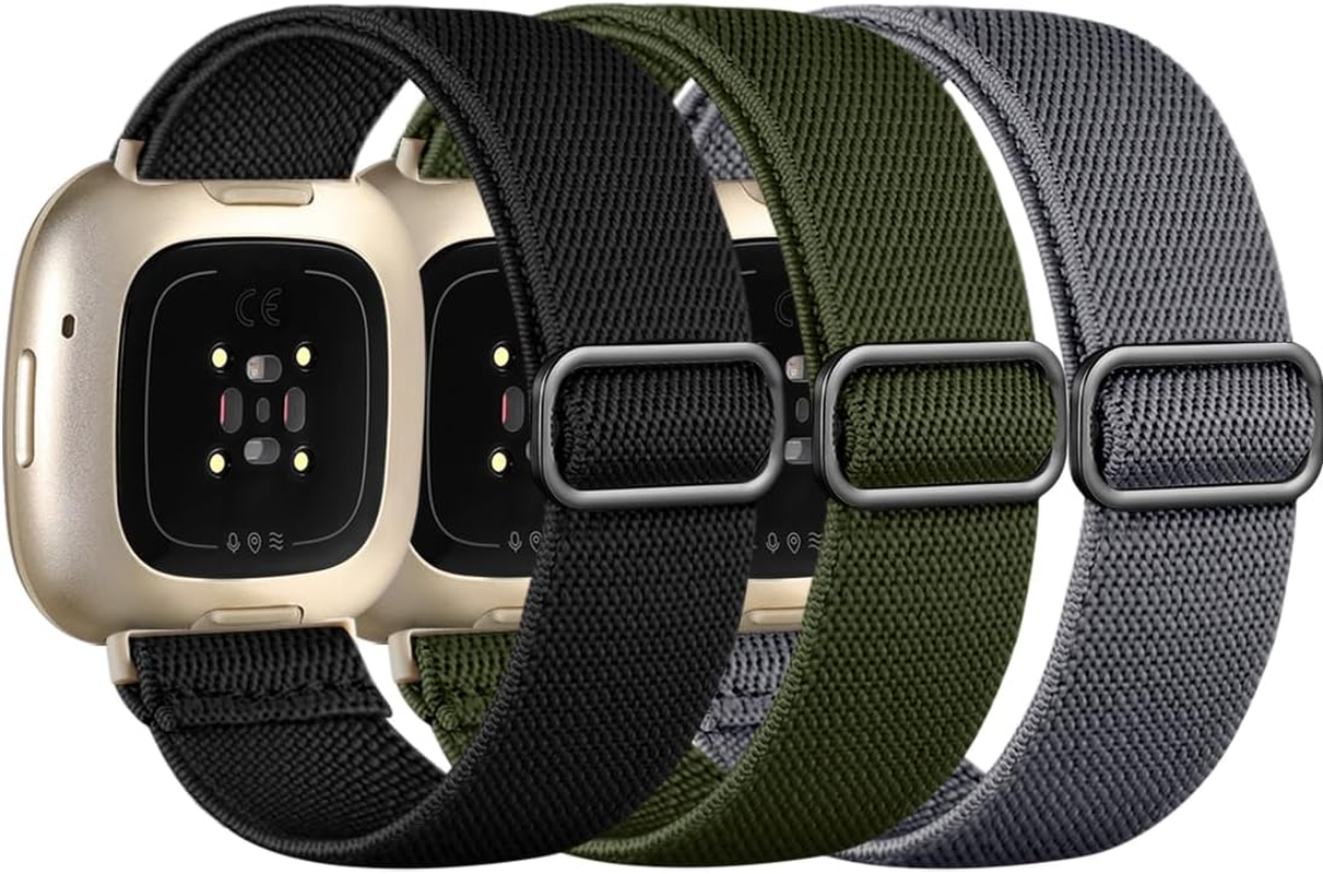 Elastic Band Compatible with Fitbit Sense/Sense 2/Versa 4/Versa 3 for Women Men, Adjustable Stretchy Nylon Solo Loop Sport Wristbands, Strap for Watch