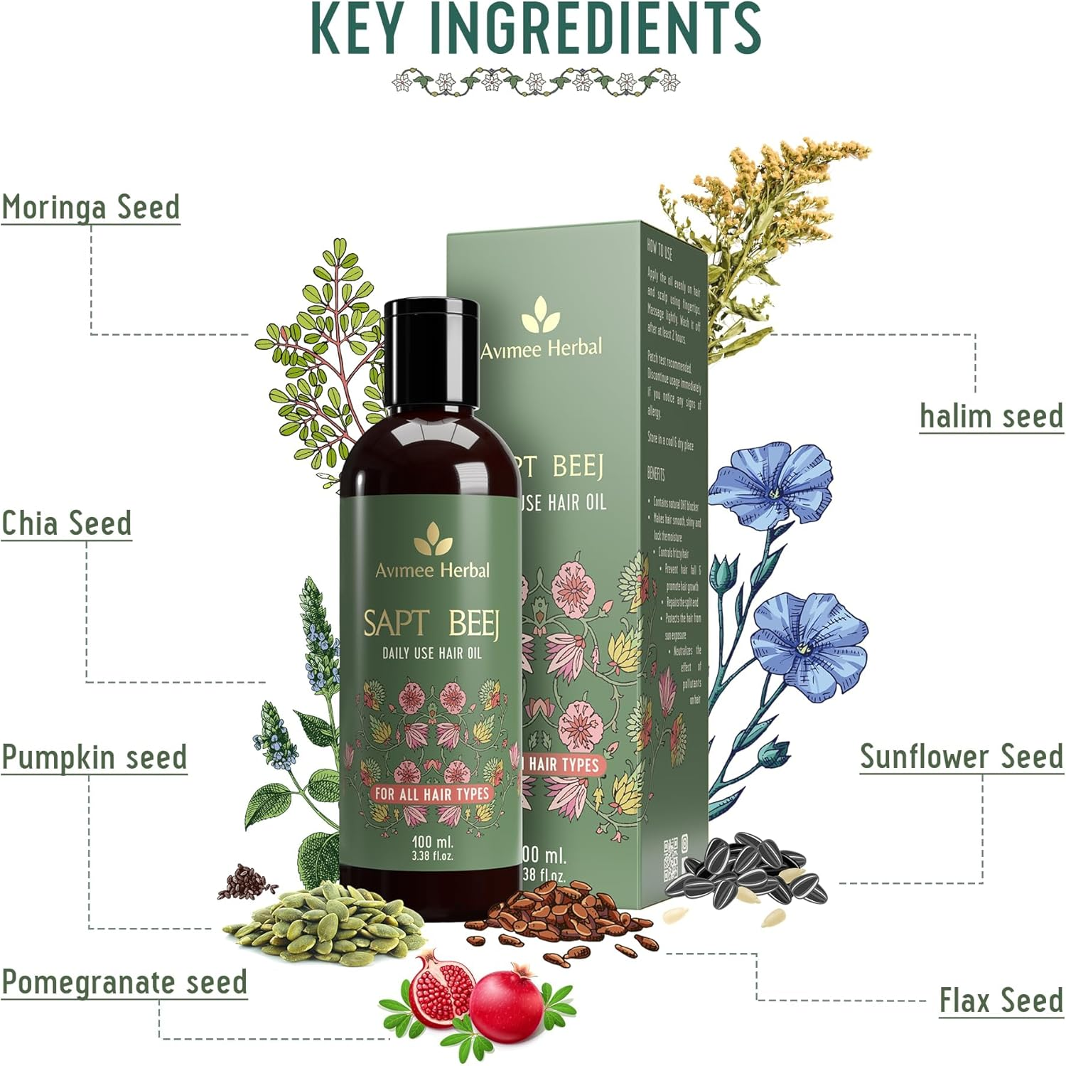 AVIMEE Herbalsapt Beej Hair Oil | Packed with Goodness of 7 Seeds in One | Your Daily Hair Oil | Non Greasy Non Oily | Mineral Oil Free | 100Ml image number 5