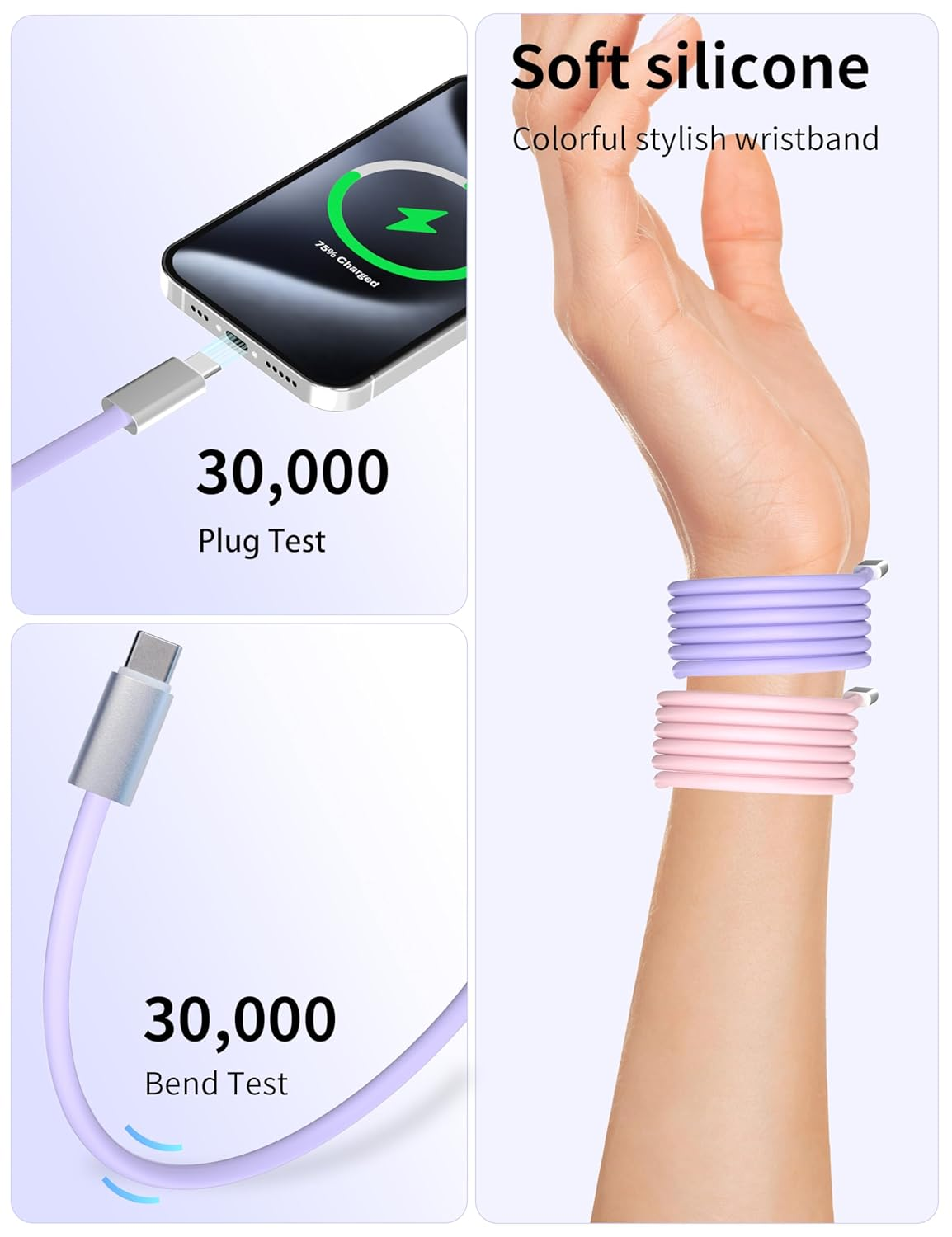 BELAROI Magnetic USB C to USB C Charging Cable [240W/140W/100W PD Fast Charging][480Mbps Data Sync] Soft Silicone Durability with Aluminum Connector for Macbook/Iphone 15/16 Pro/Plus/Android (Purple) - Blue image number 3