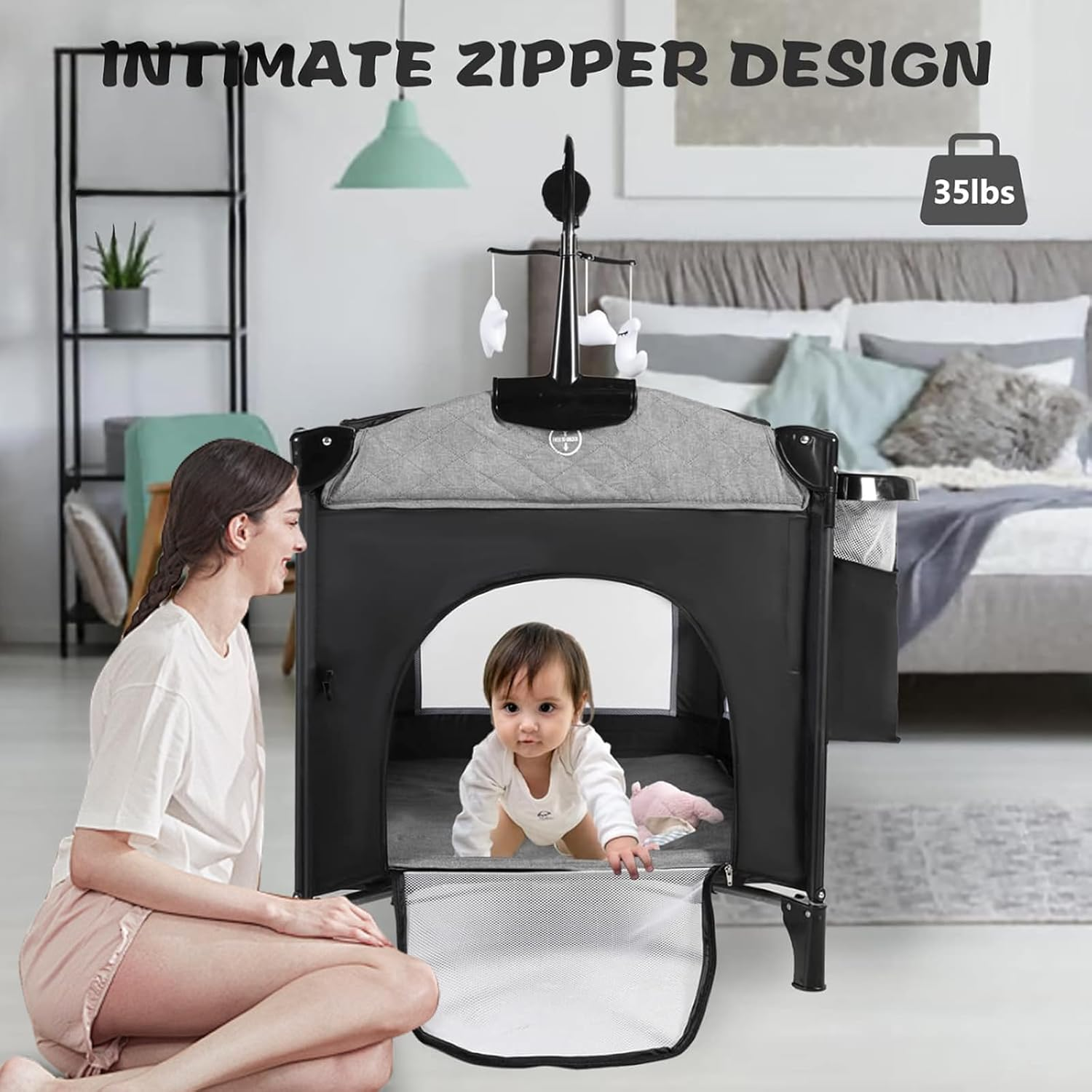 Portable Baby Crib, Foldable Baby Portacot, 4 in 1 Portable Nursery Cente, Foldable Travel Playard with Changing Table, Bassinet, Soft Mattress, Hanging Toys and Carry Bag image number 4