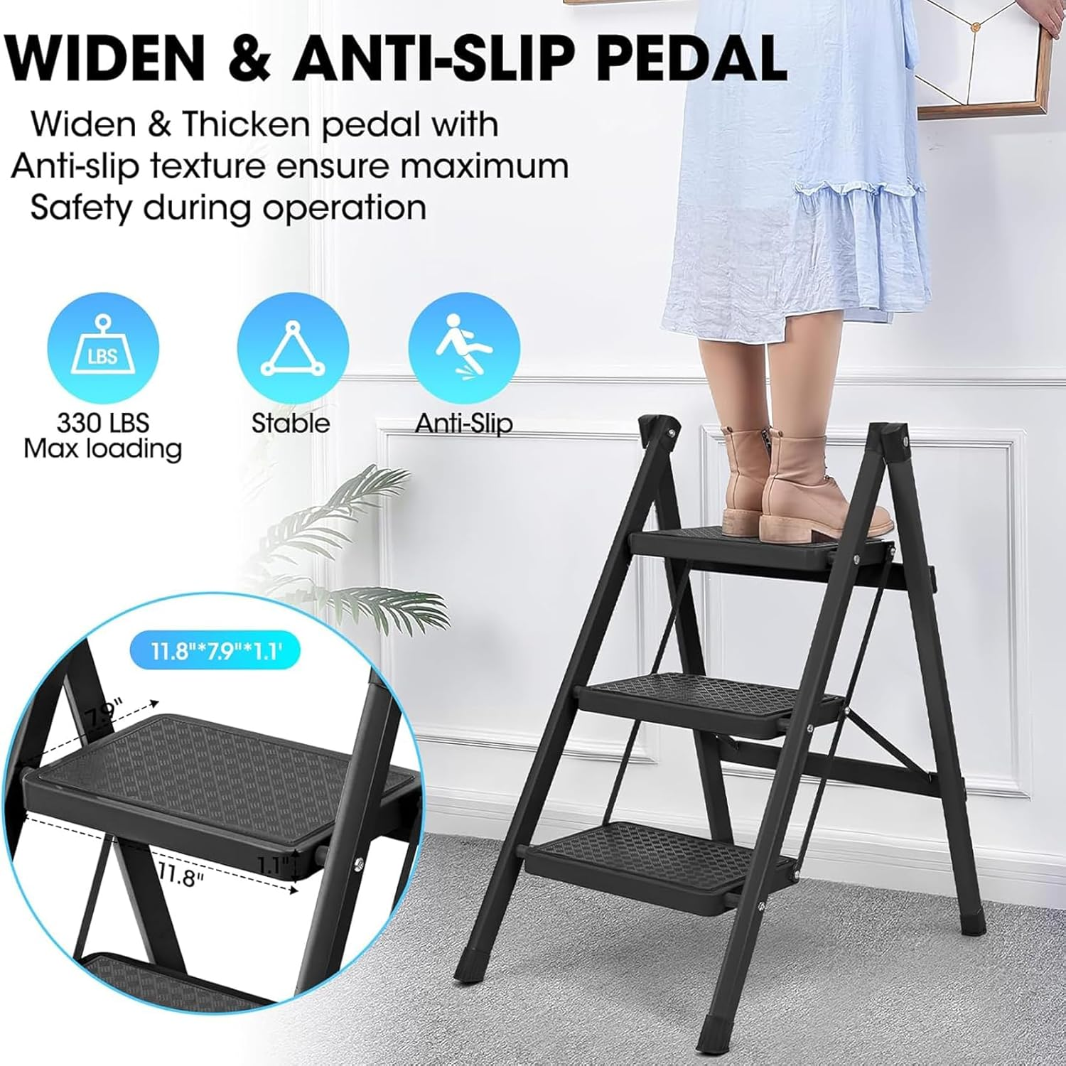 Foldable Black Step Ladder, 3 Step Stool with Wide Anti-Slip Pedal, Portable Sturdy Steel Ladder, 42 * 71 * 80Cm image number 2