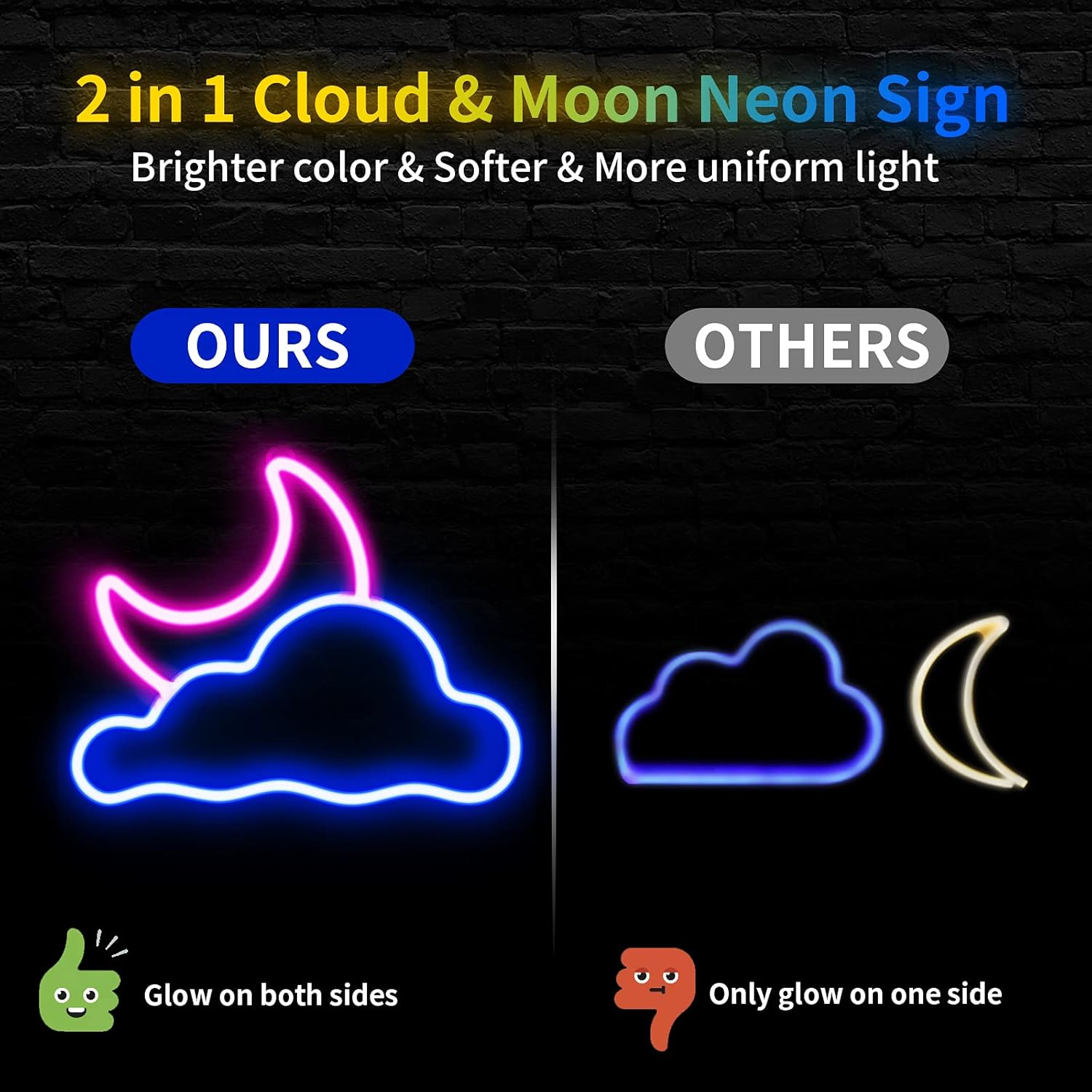 JTLMEEN Neon Sign - Cloud and Moon Led Neon Light, Neon Lights Sign for Wall Decor USB Powered Led Neon Signs for Bedroom Kids Room Wedding Party Decoration, Brightness Adjustable - Pink  Yellow image number 2