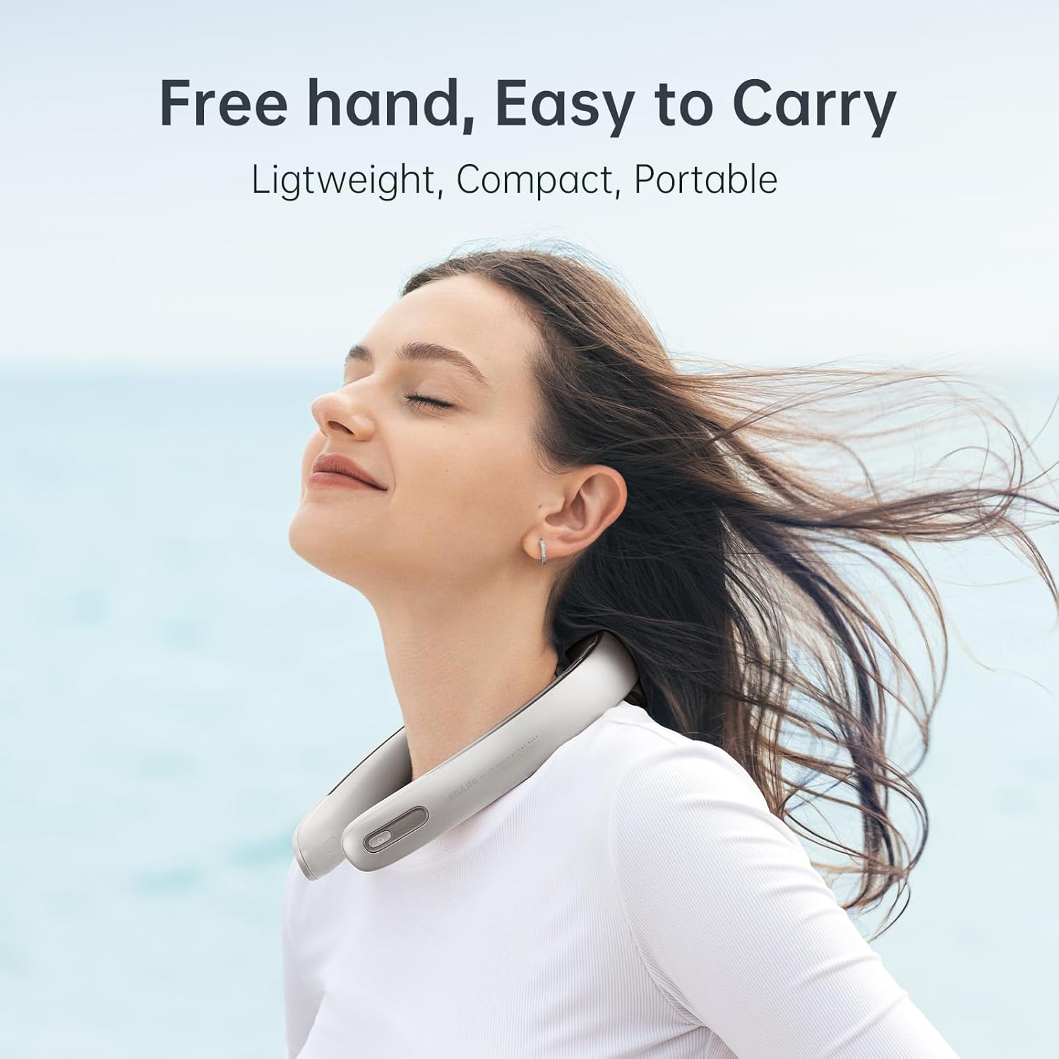 JISULIFE Portable Neck Fan, 5000 Mah Battery Operated Rechargeable Fan, Personal Wearable Fan with Necksupport, 100 Speeds Bladeless Fan with LED Display, Fashionable Gifts for Women Men-Grey image number 1