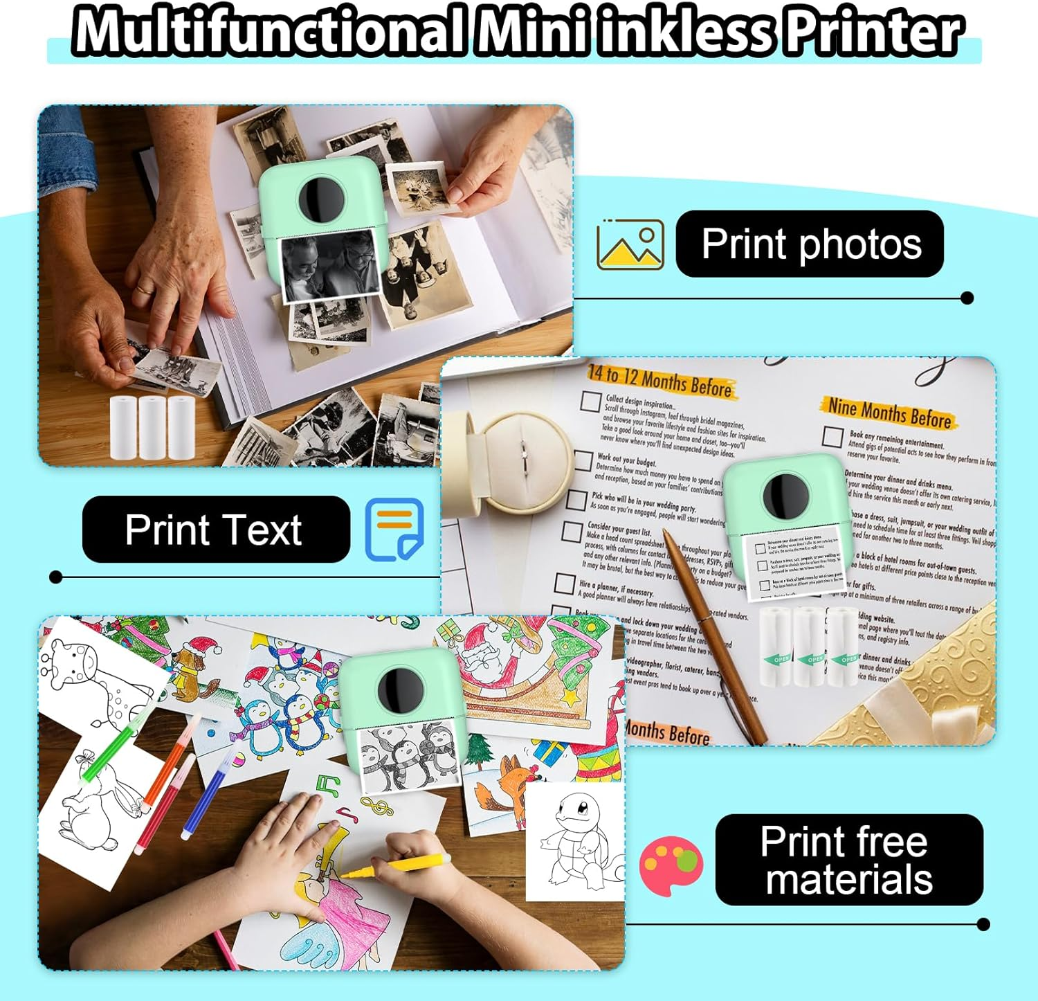 Huijukeji Inkless Sticker Printer Mini Thermal Printer with 10 Rolls Thermal Paper,Color Pen for Ios&Android, Bluetooth Pocket Printer Smart Portable Receipt Printer for Photo Journal Notes Memo-Green - Orange image number 6
