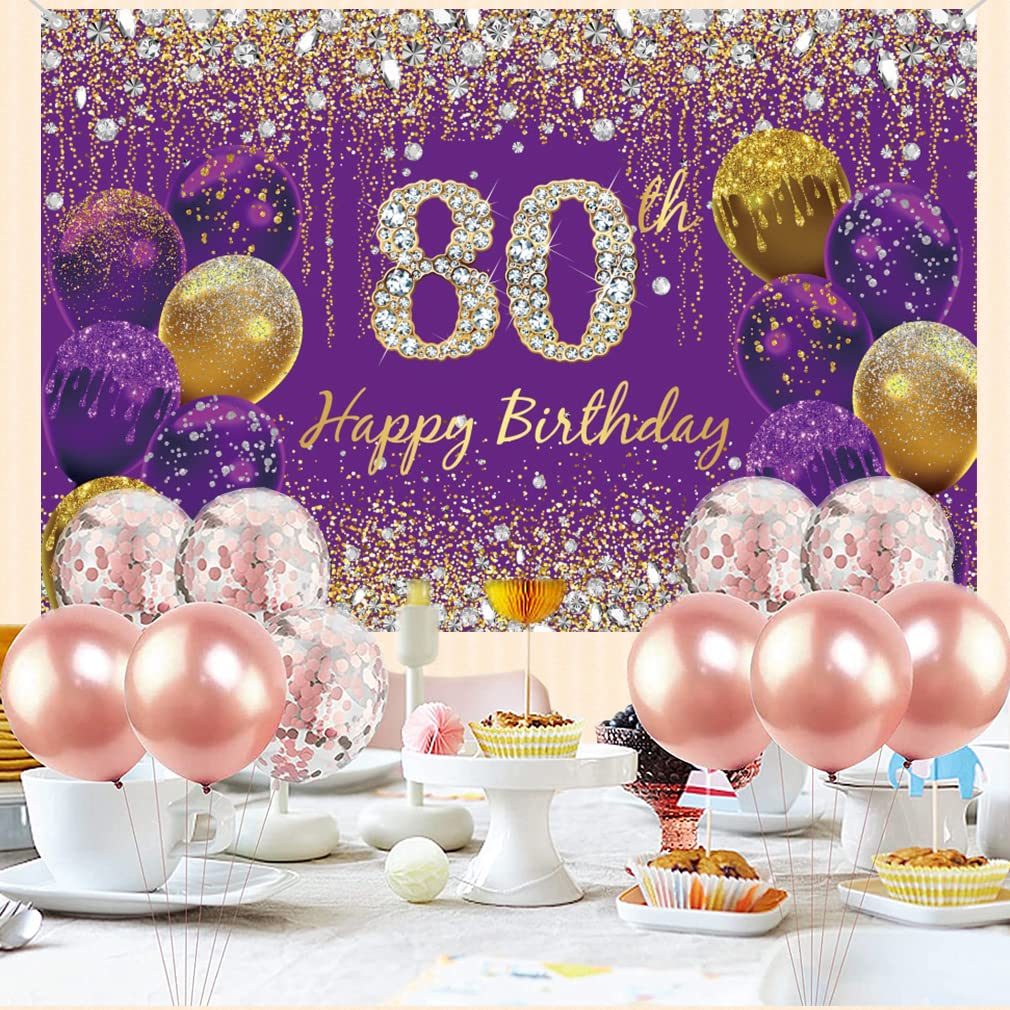 80Th Birthday Decoration for Women, Glitter Purple Fabric Sign Poster 80Th Birthday Party Decoration Background Banner Woman, 59"X35.4"