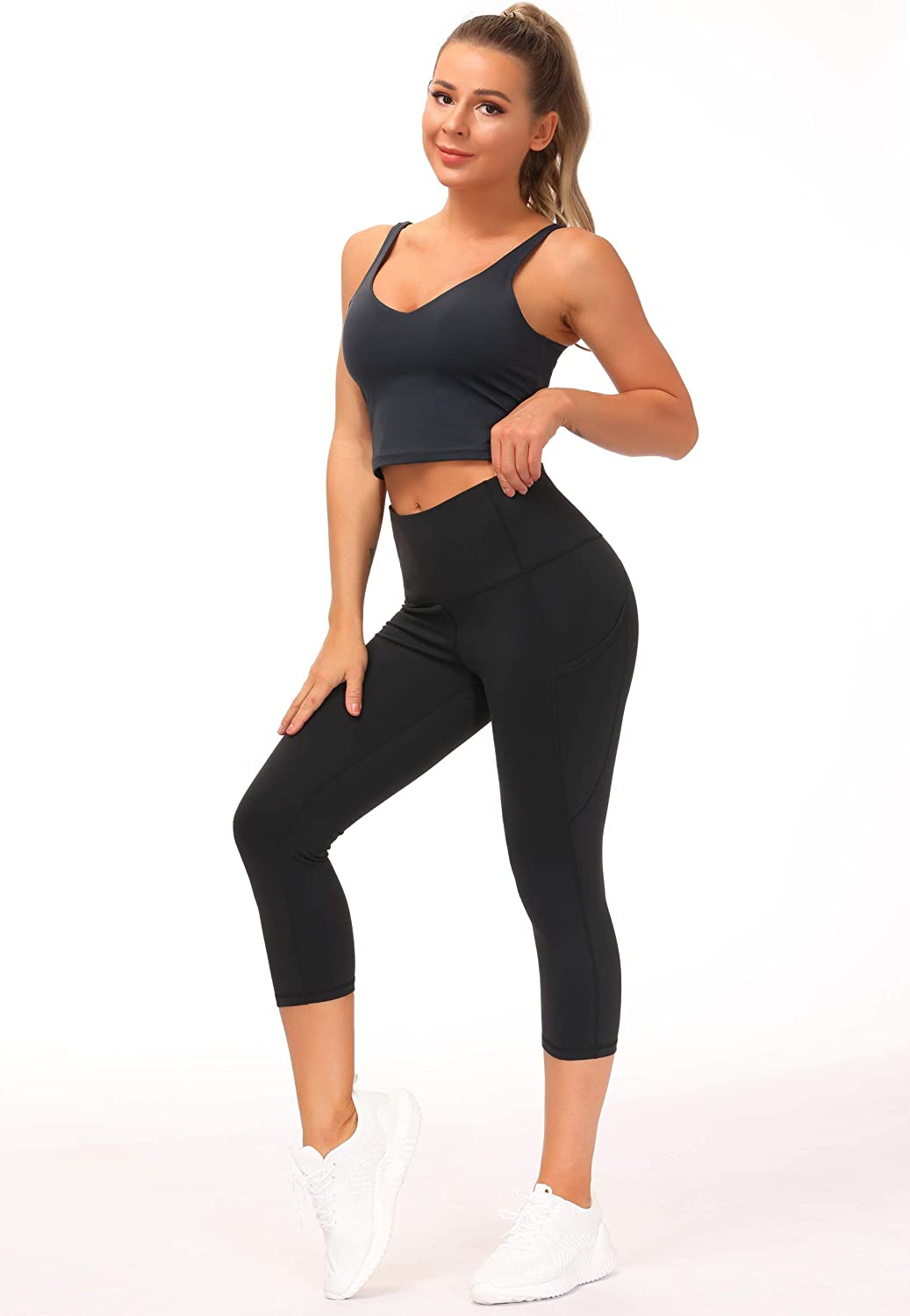THE GYM PEOPLE Thick High Waist Yoga Pants with Pockets, Tummy Control Workout Running Yoga Leggings for Women Black image number 4