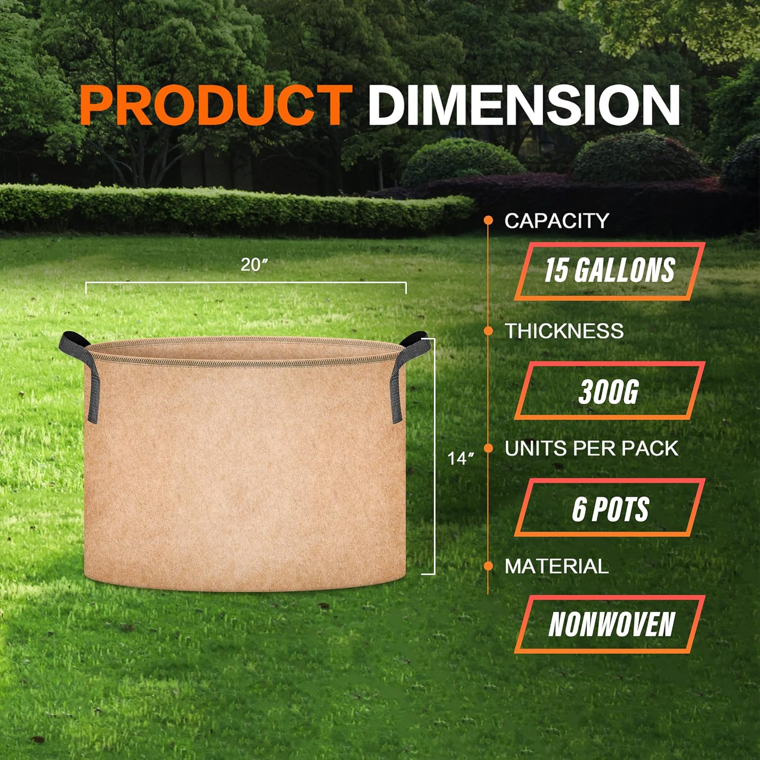 Ipower Plant Grow Bag 15 Gallon 6-Pack Heavy Duty Fabric Pots, 300G Thick Nonwoven Fabric Containers Aeration with Nylon Handles, for Planting Vegetables, Fruits, Flowers, Tan 2022 Version image number 3