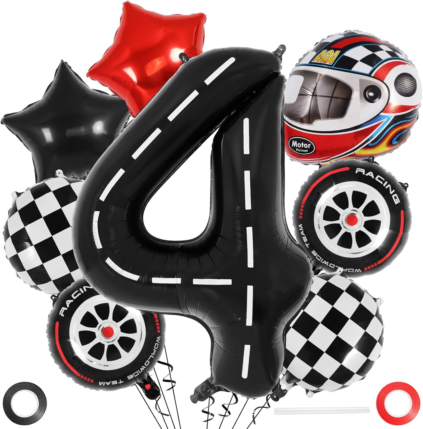 Race Car Birthday Balloons, Racetrack Number 4 Balloon, 40 Inch Large Foil Black 4 Balloon for 4 Year Old Birthday Race Car Themed Party Decoration image number 2